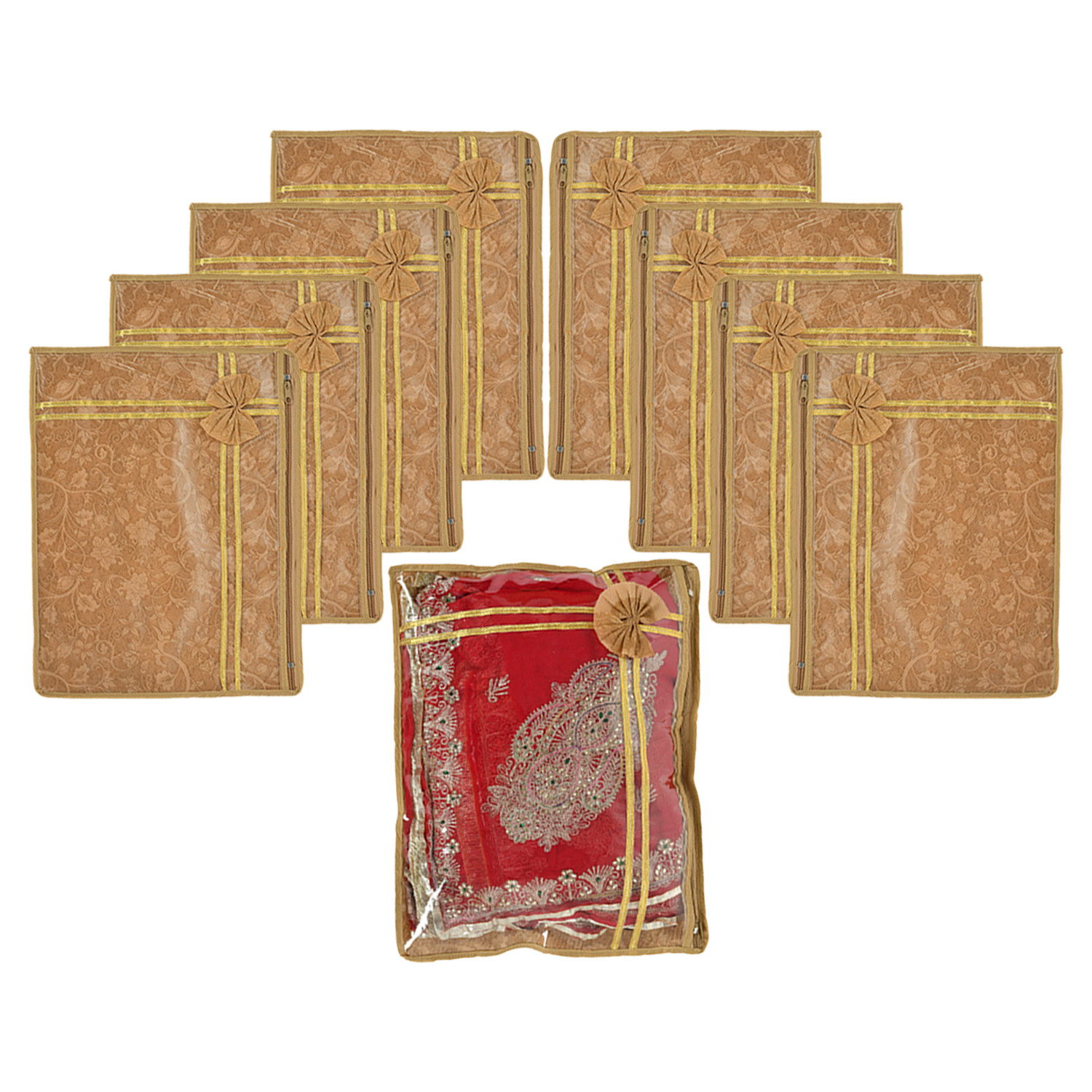 Kuber Industries Flower Printed Non-Woven Single Saree Cover With Tranasparent Top-(Brown)