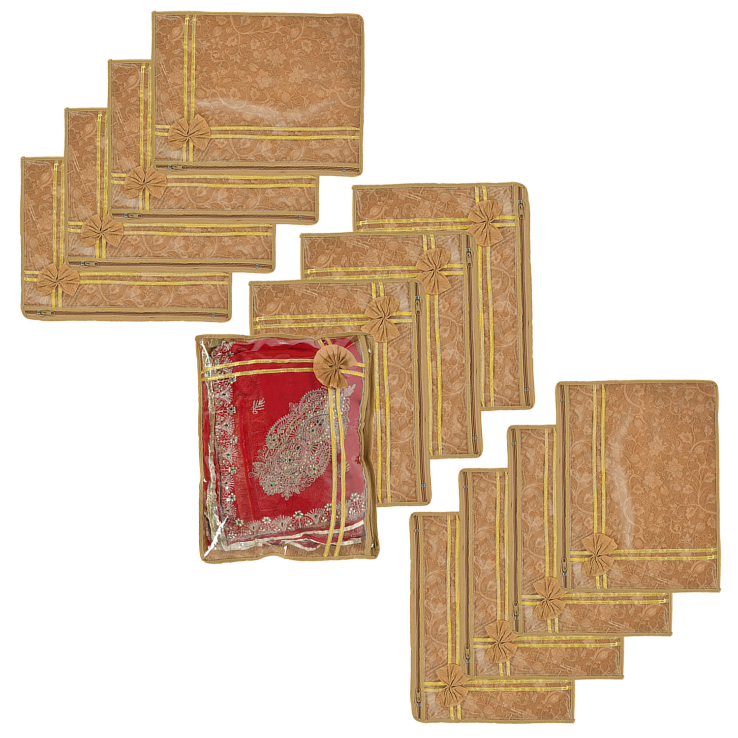 Kuber Industries Flower Printed Non-Woven Single Saree Cover With Tranasparent Top-(Brown)