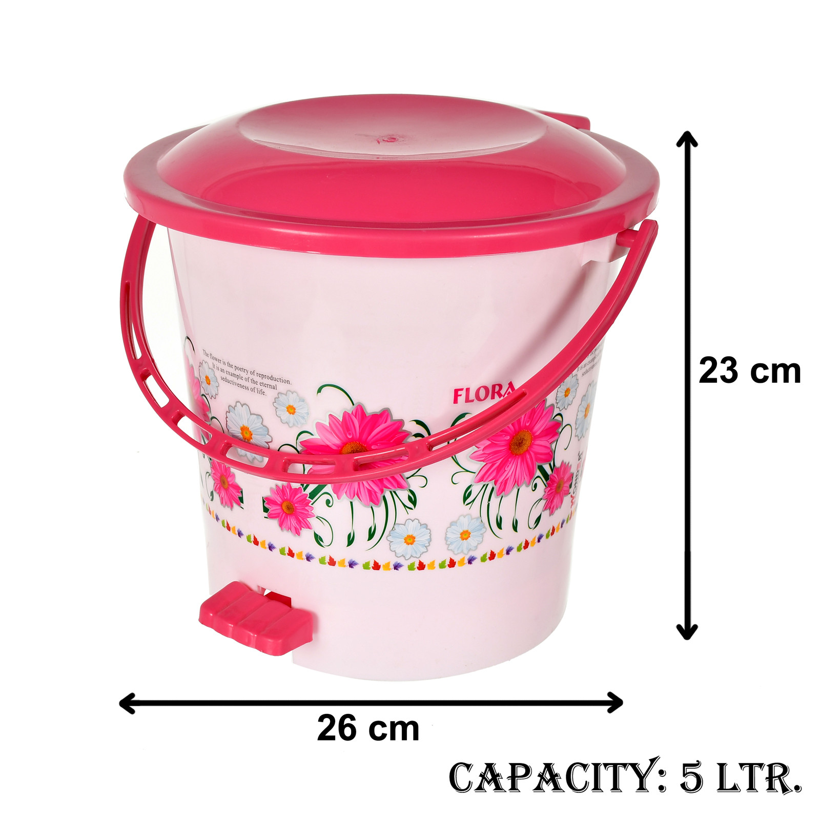 Kuber industries Flower Printed Plastic Pedal Dustbin With Lid & Handle For Home/Kitchen/Office, 5 Ltr (Pink)