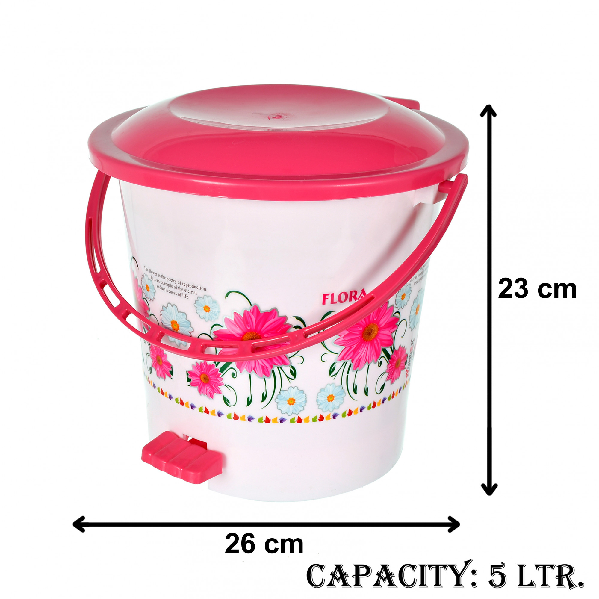 Kuber industries Flower Printed Plastic Pedal Dustbin With Lid  Handle For HomeKitchenOffice 5 Ltr White