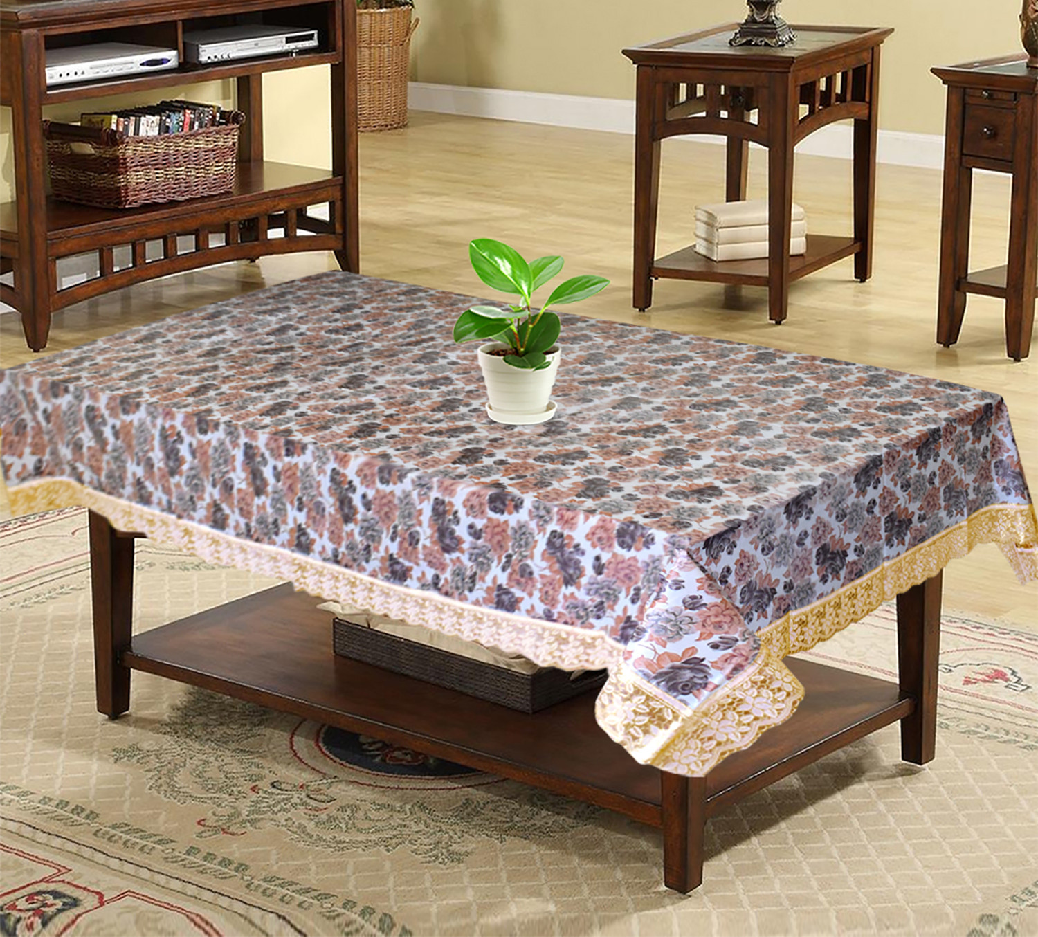 Kuber Industries Flower Printed PVC 4 Seater Center Table Cover, Protector With Gold Lace Border, 40