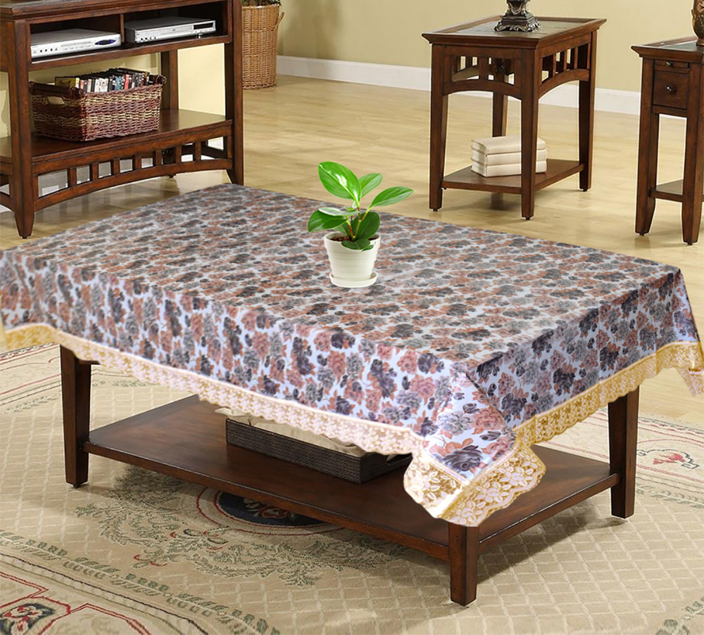 Kuber Industries Flower Printed PVC 4 Seater Center Table Cover, Protector With Gold Lace Border, 40&quot;x60&quot; (Brown)