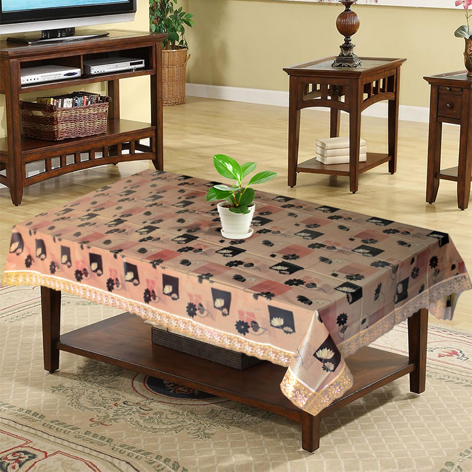 Kuber Industries Flower Printed PVC 4 Seater Center Table Cover, Protector With Gold Lace Border, 40