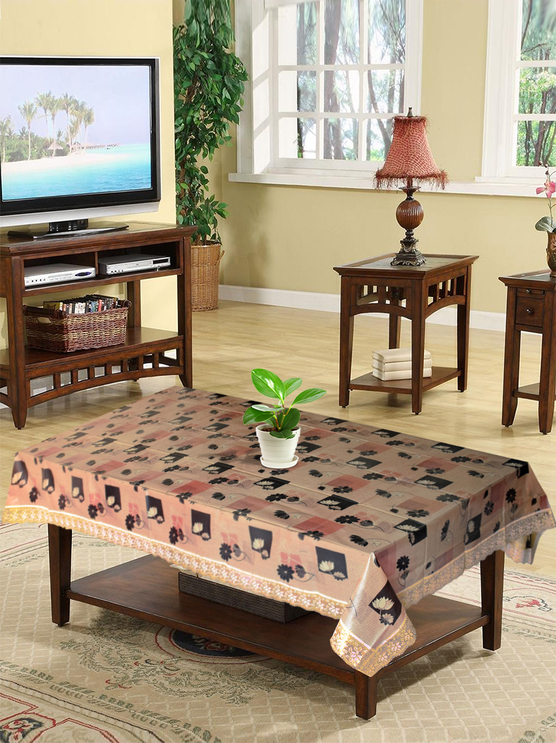 Kuber Industries Flower Printed PVC 4 Seater Center Table Cover, Protector With Gold Lace Border, 40