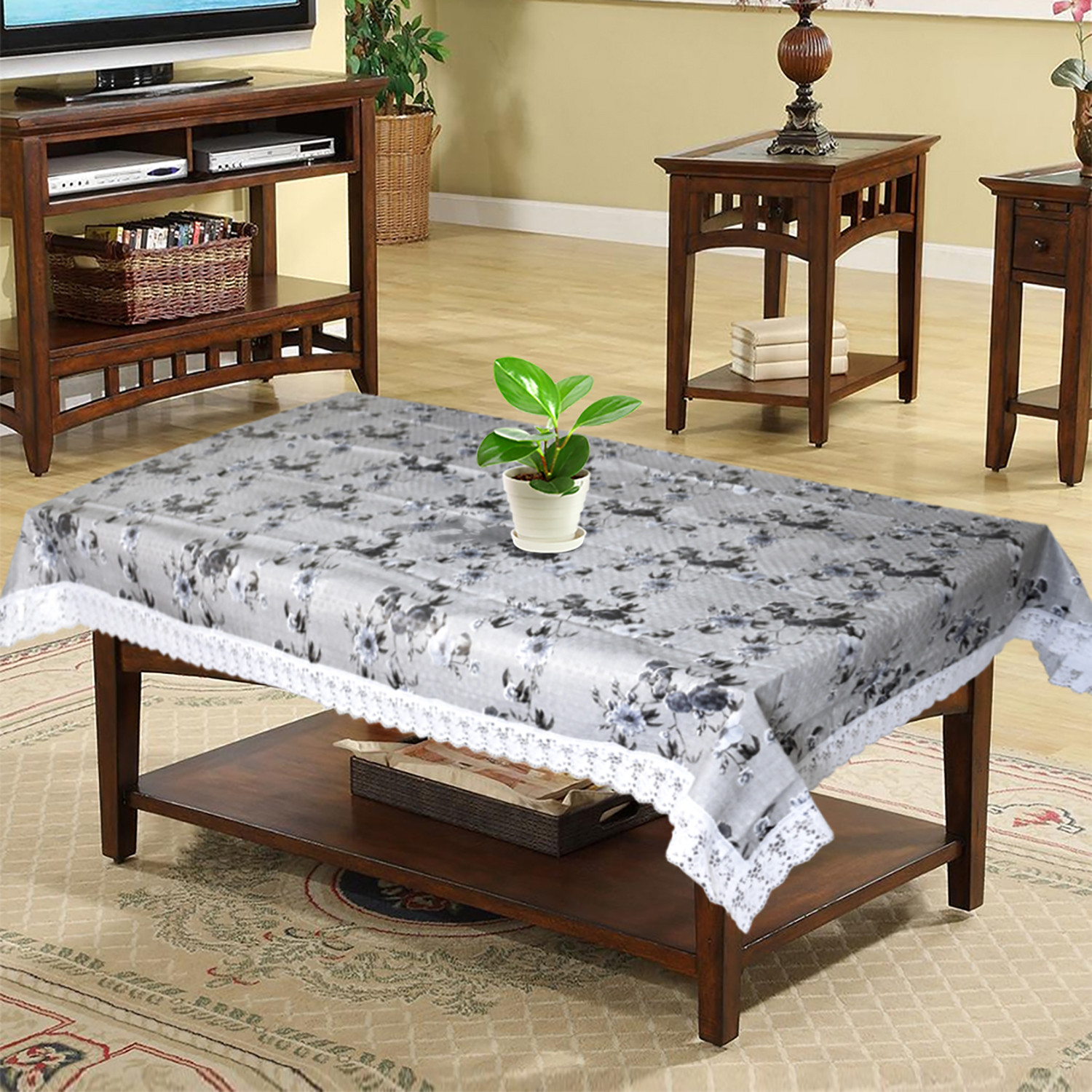 Kuber Industries Flower Printed PVC 4 Seater Center Table Cover, Protector With White Lace Border, 40