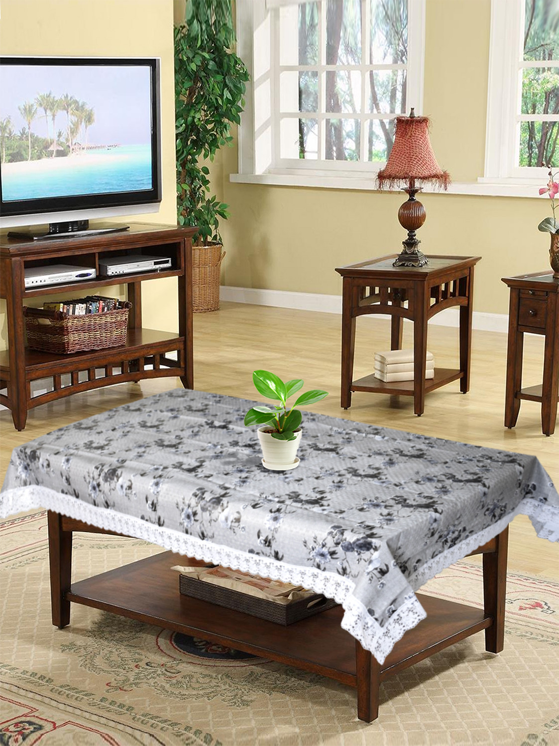 Kuber Industries Flower Printed PVC 4 Seater Center Table Cover, Protector With White Lace Border, 40