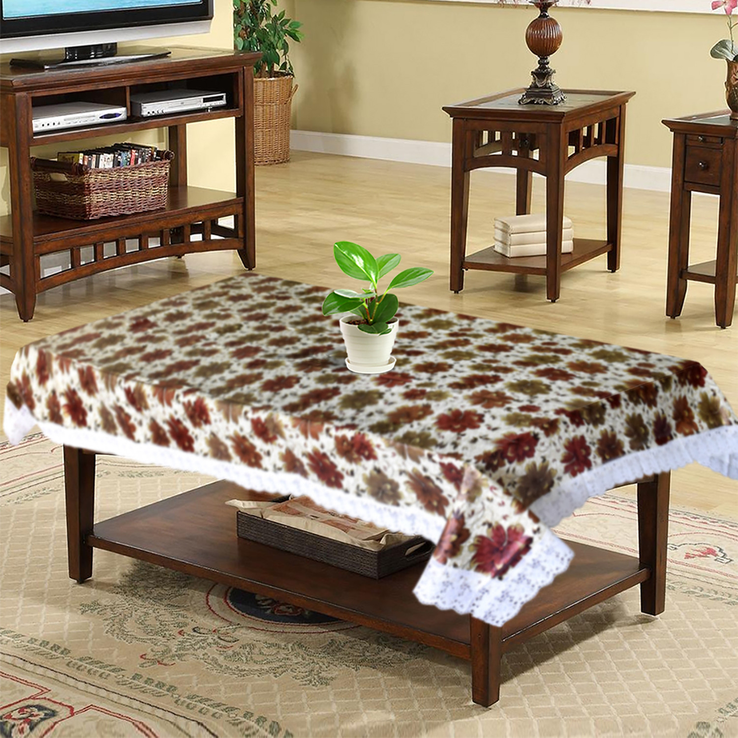 Kuber Industries Flower Printed PVC 4 Seater Center Table Cover, Protector With White Lace Border, 40