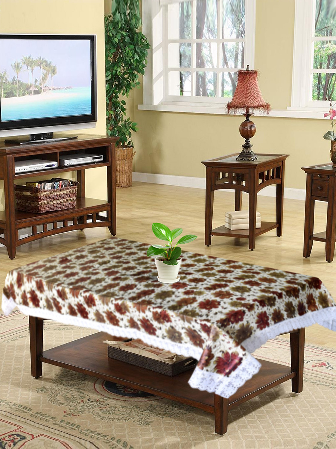 Kuber Industries Flower Printed PVC 4 Seater Center Table Cover, Protector With White Lace Border, 40