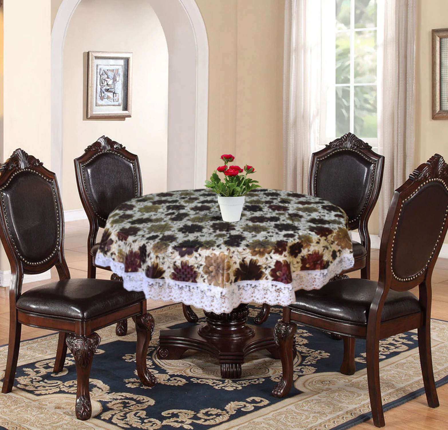 Kuber Industries Flower Printed PVC 4 Seater Round Shape Table Cover, Protector With White Lace Border, 60
