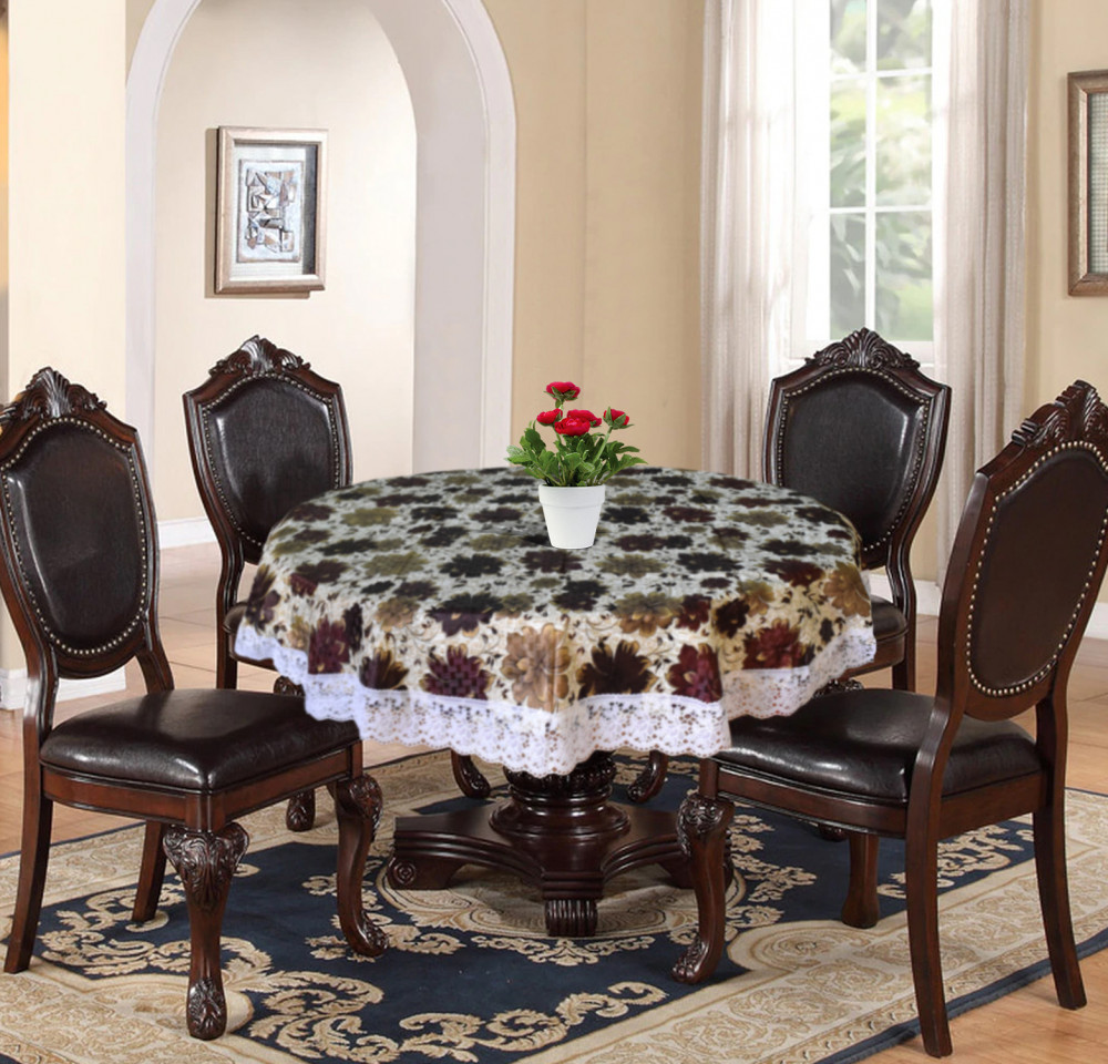 Kuber Industries Flower Printed PVC 4 Seater Round Shape Table Cover, Protector With White Lace Border, 60&quot;x60&quot; (Brown)