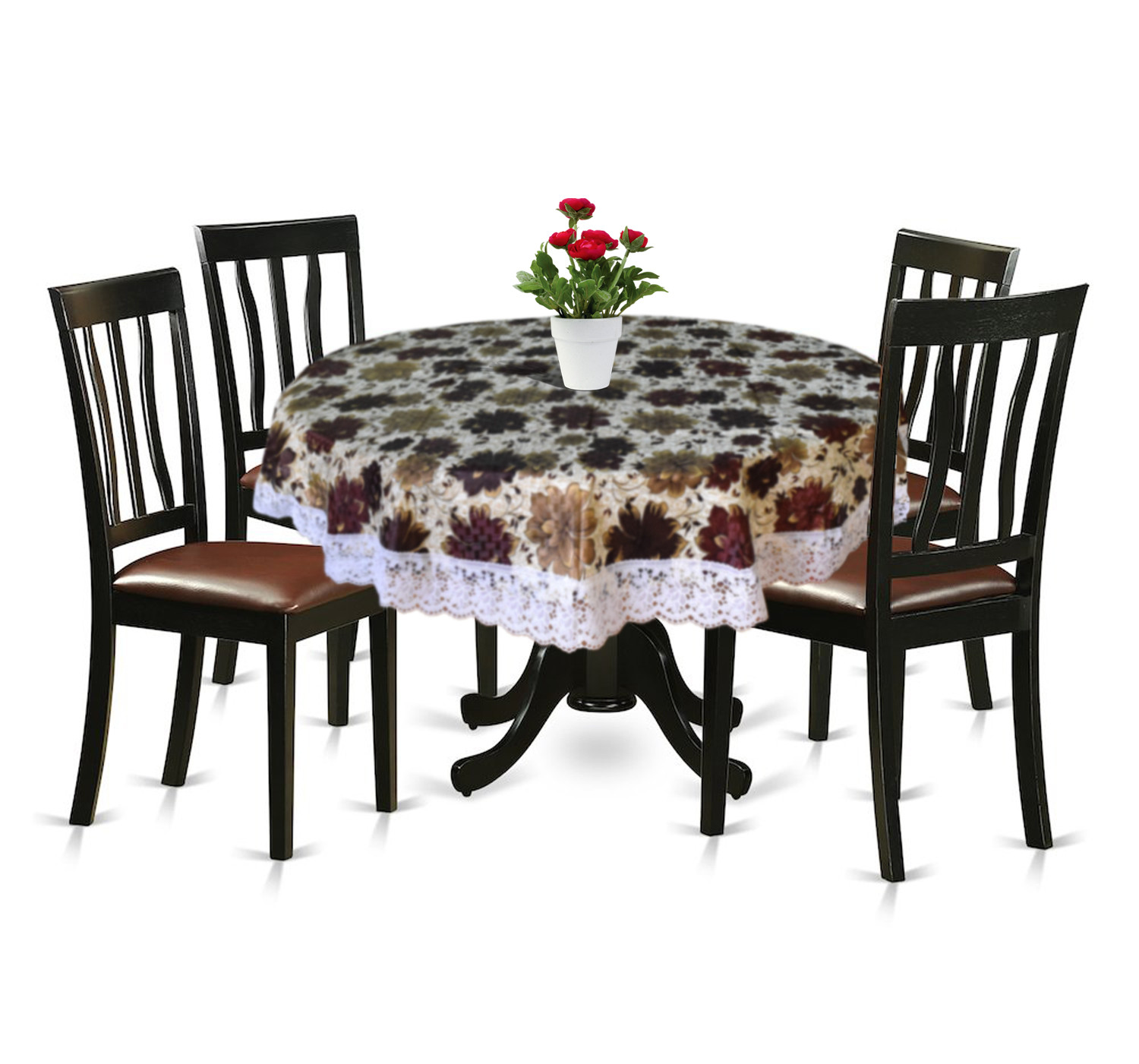 Kuber Industries Flower Printed PVC 4 Seater Round Shape Table Cover, Protector With White Lace Border, 60
