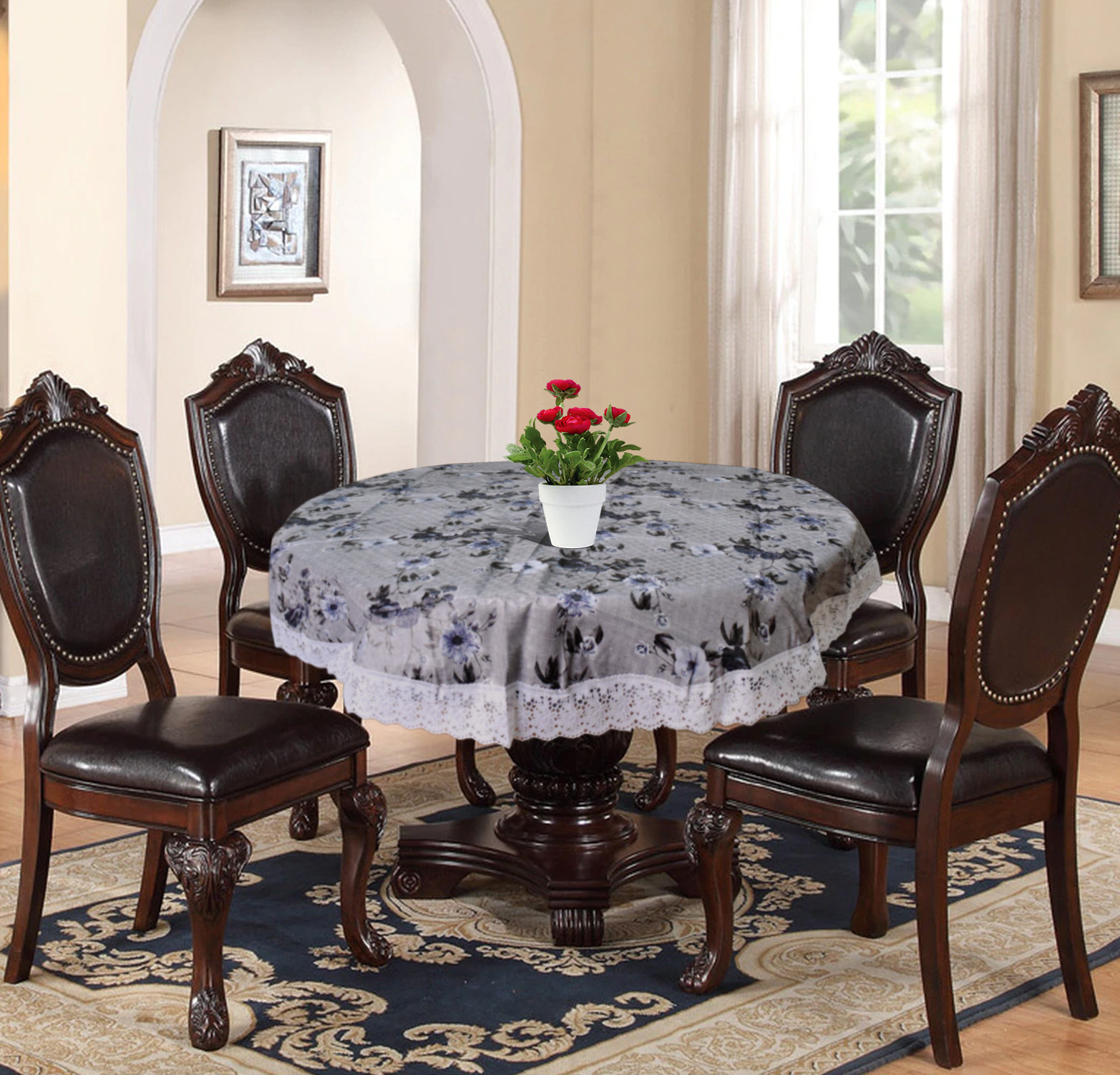 Kuber Industries Flower Printed PVC 4 Seater Round Shape Table Cover, Protector With White Lace Border, 60
