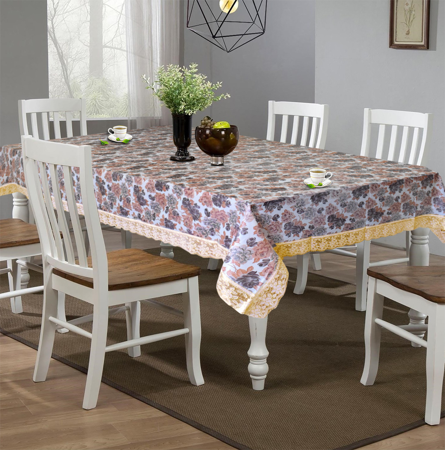 Kuber Industries Flower Printed PVC 6 Seater Dinning Table Cover, Protector With Gold Lace Border, 60