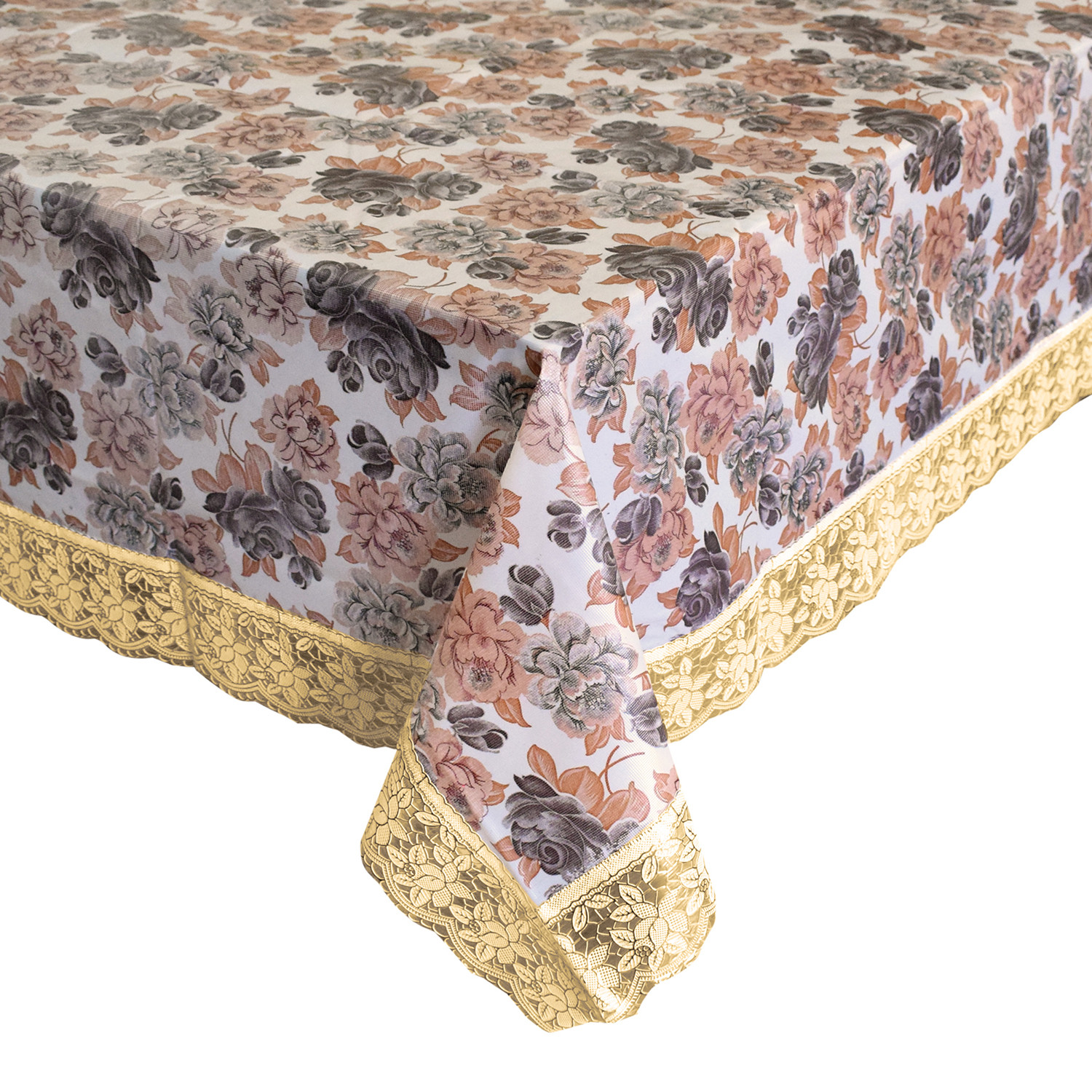 Kuber Industries Flower Printed PVC 6 Seater Dinning Table Cover, Protector With Gold Lace Border, 60