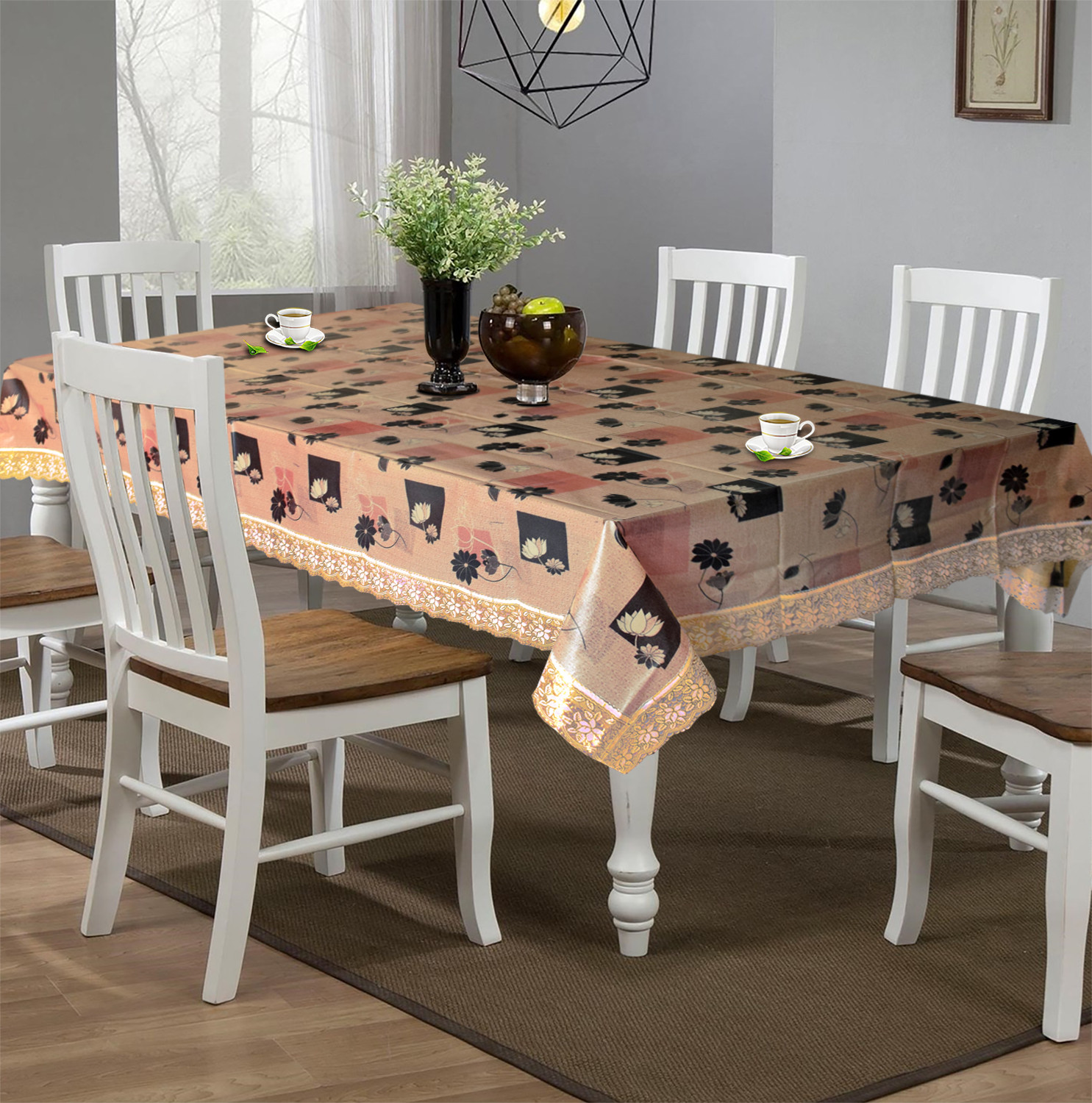 Kuber Industries Flower Printed PVC 6 Seater Dinning Table Cover, Protector With Gold Lace Border, 60