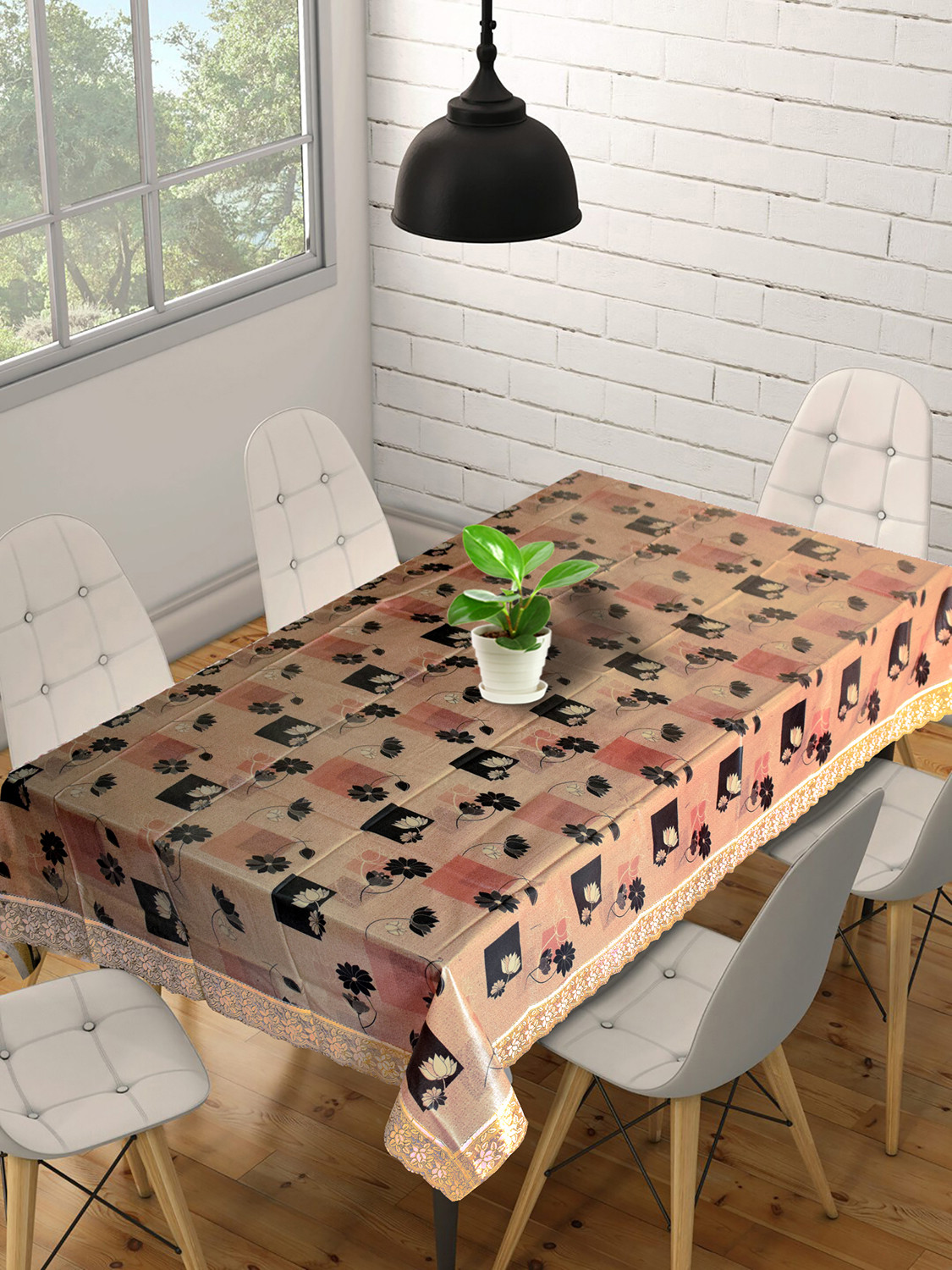 Kuber Industries Flower Printed PVC 6 Seater Dinning Table Cover, Protector With Gold Lace Border, 60
