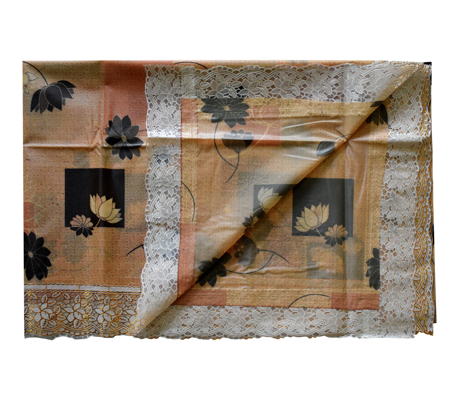 Kuber Industries Flower Printed PVC 6 Seater Dinning Table Cover, Protector With Gold Lace Border, 60