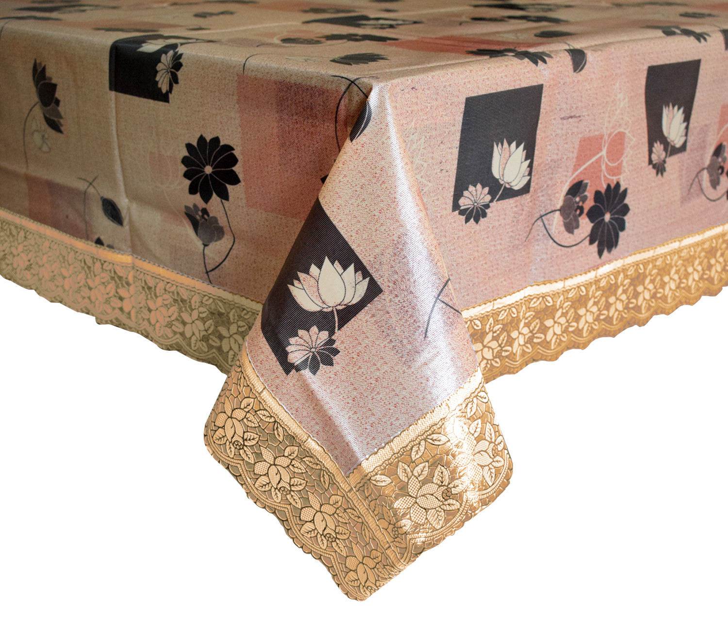 Kuber Industries Flower Printed PVC 6 Seater Dinning Table Cover, Protector With Gold Lace Border, 60