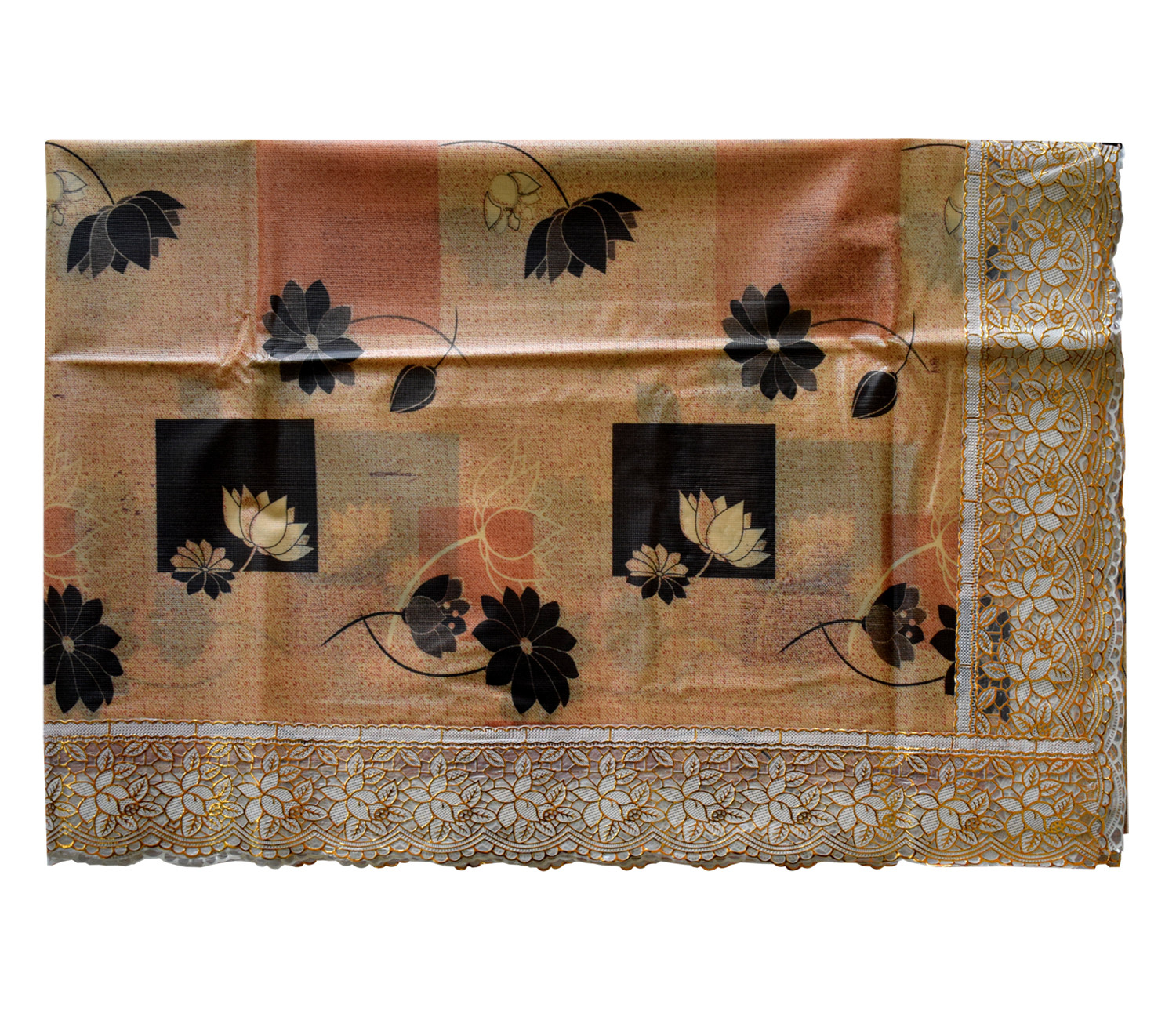 Kuber Industries Flower Printed PVC 6 Seater Dinning Table Cover, Protector With Gold Lace Border, 60