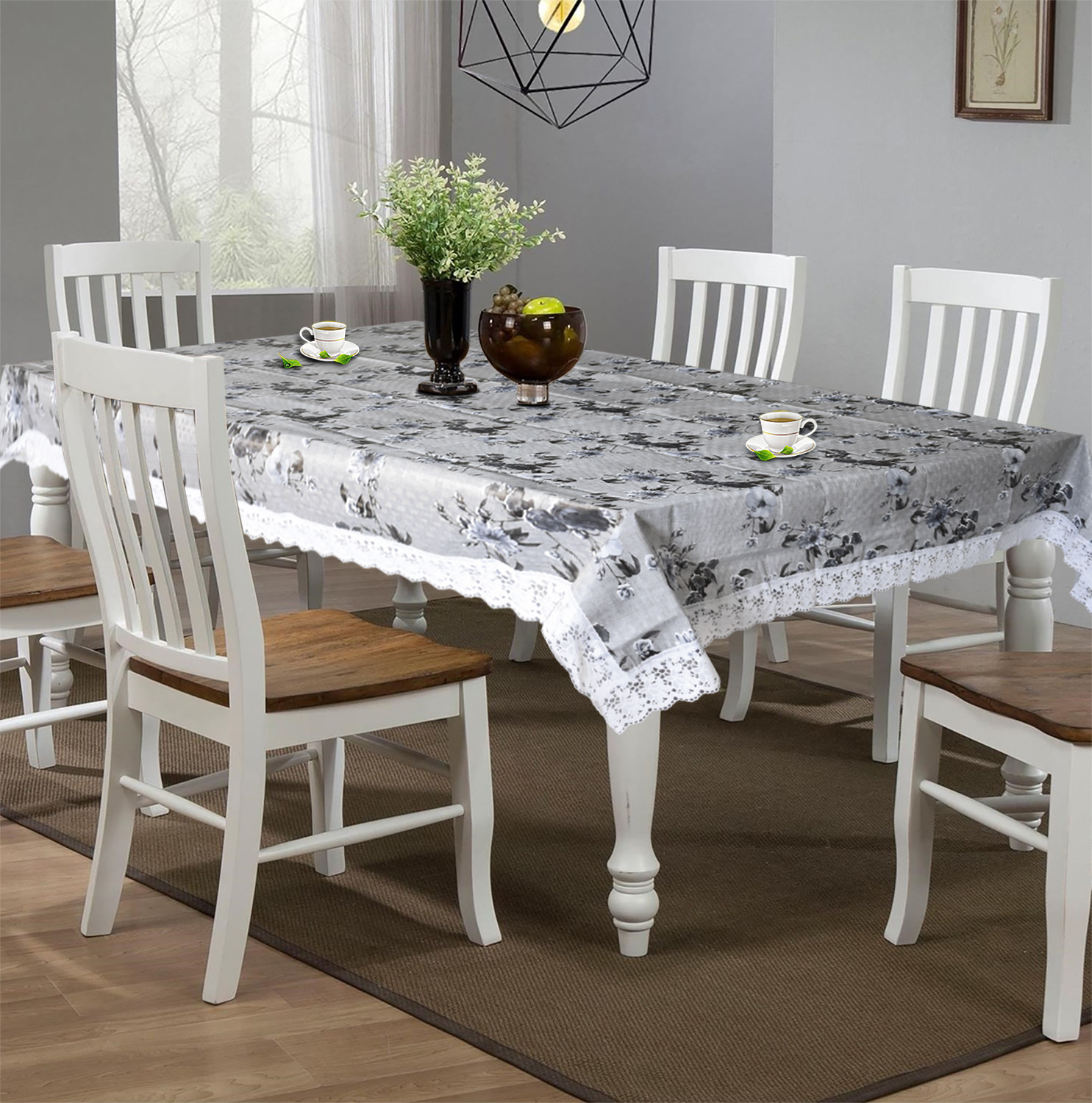 Kuber Industries Flower Printed PVC 6 Seater Dinning Table Cover, Protector With White Lace Border, 60