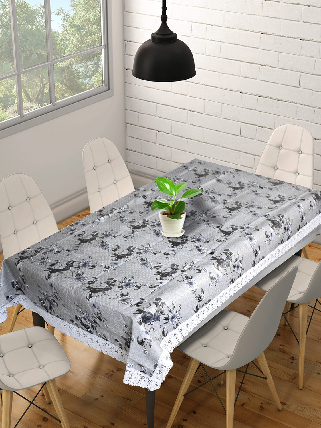 Kuber Industries Flower Printed PVC 6 Seater Dinning Table Cover, Protector With White Lace Border, 60