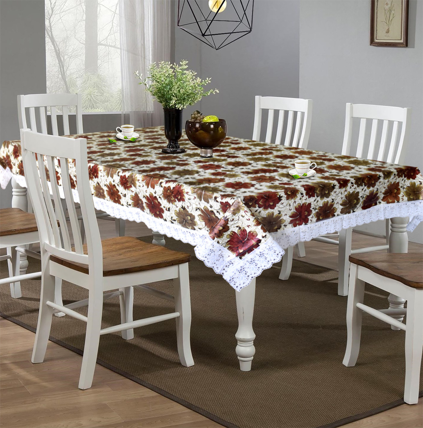 Kuber Industries Flower Printed PVC 6 Seater Dinning Table Cover, Protector With White Lace Border, 60