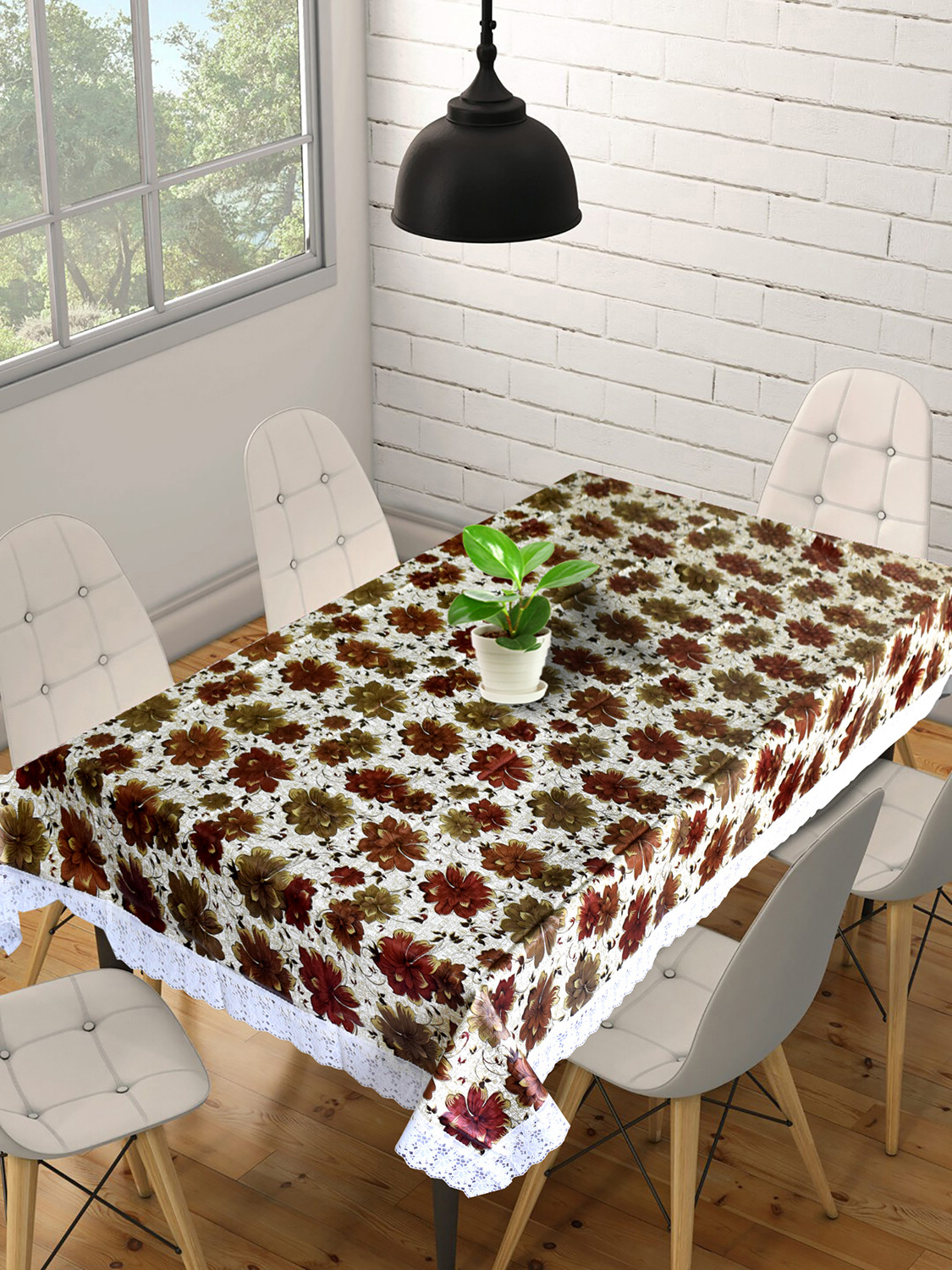 Kuber Industries Flower Printed PVC 6 Seater Dinning Table Cover, Protector With White Lace Border, 60