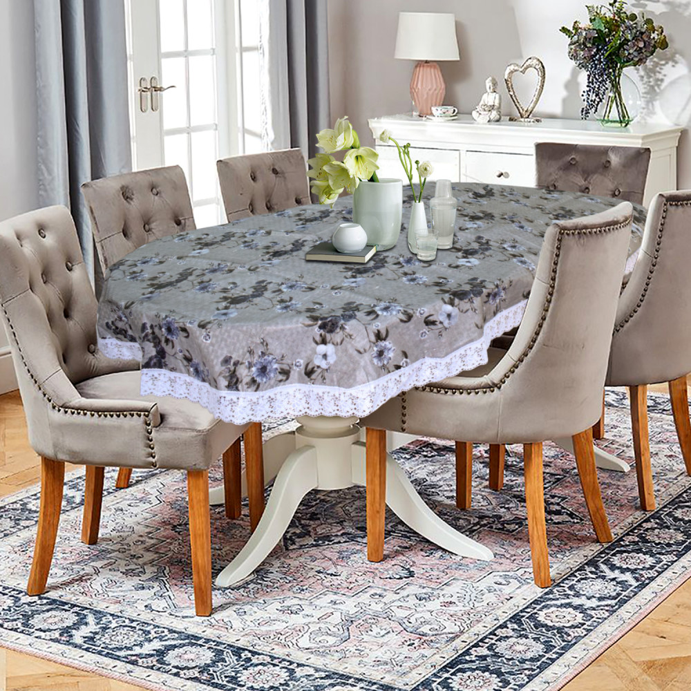 Kuber Industries Flower Printed PVC 6 Seater Oval Shape Table Cover, Protector With White Lace Border, 60&quot;x90&quot; (Grey)