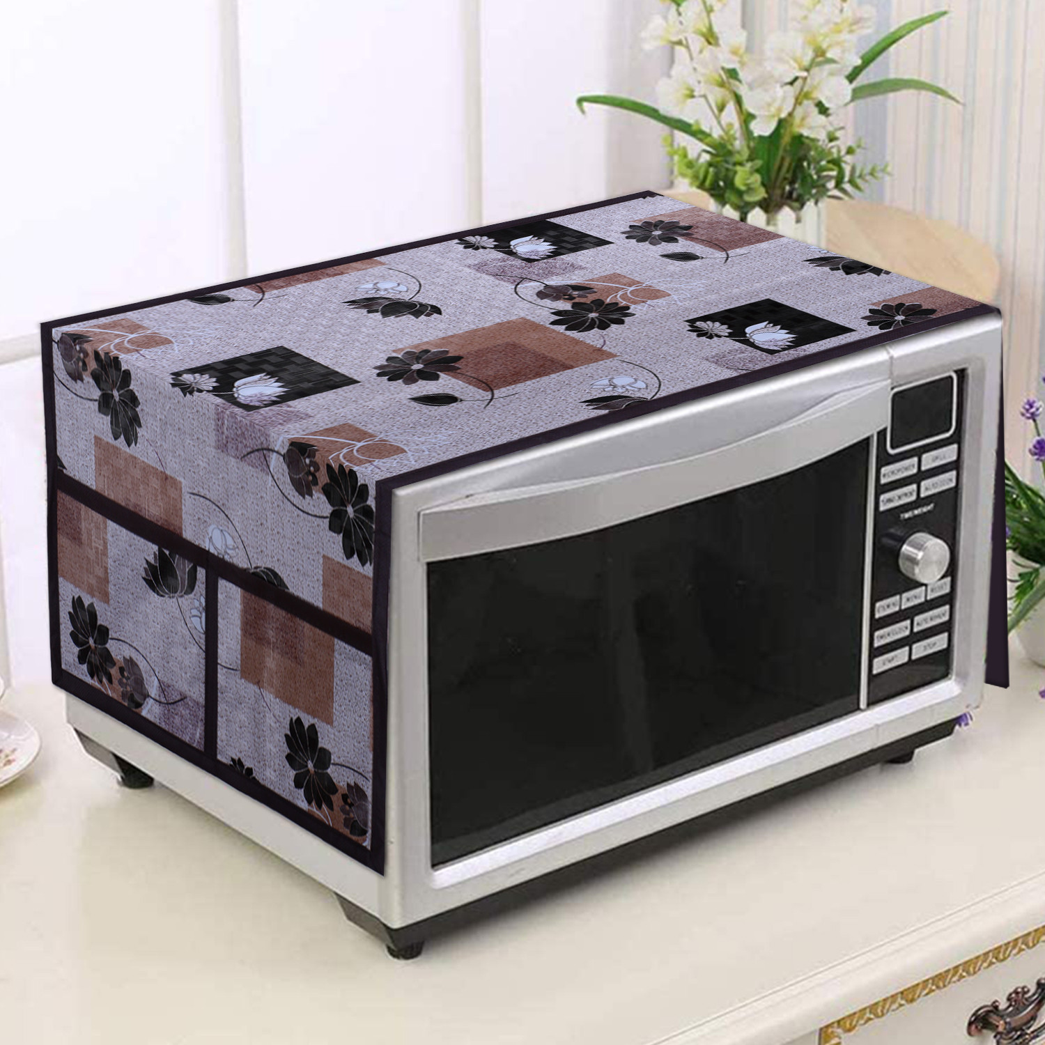 Kuber Industries Flower Printed PVC Decorative Microwave Oven Top Cover With 4 Utility Pockets (Pink)
