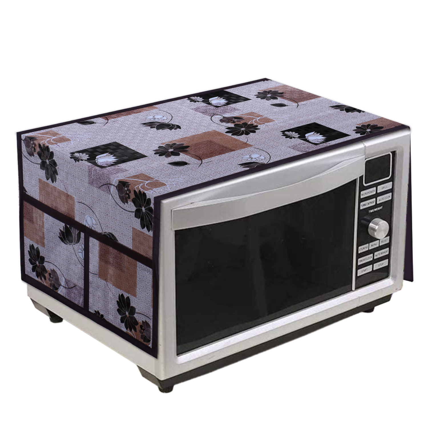 Kuber Industries Flower Printed PVC Decorative Microwave Oven Top Cover With 4 Utility Pockets (Pink)