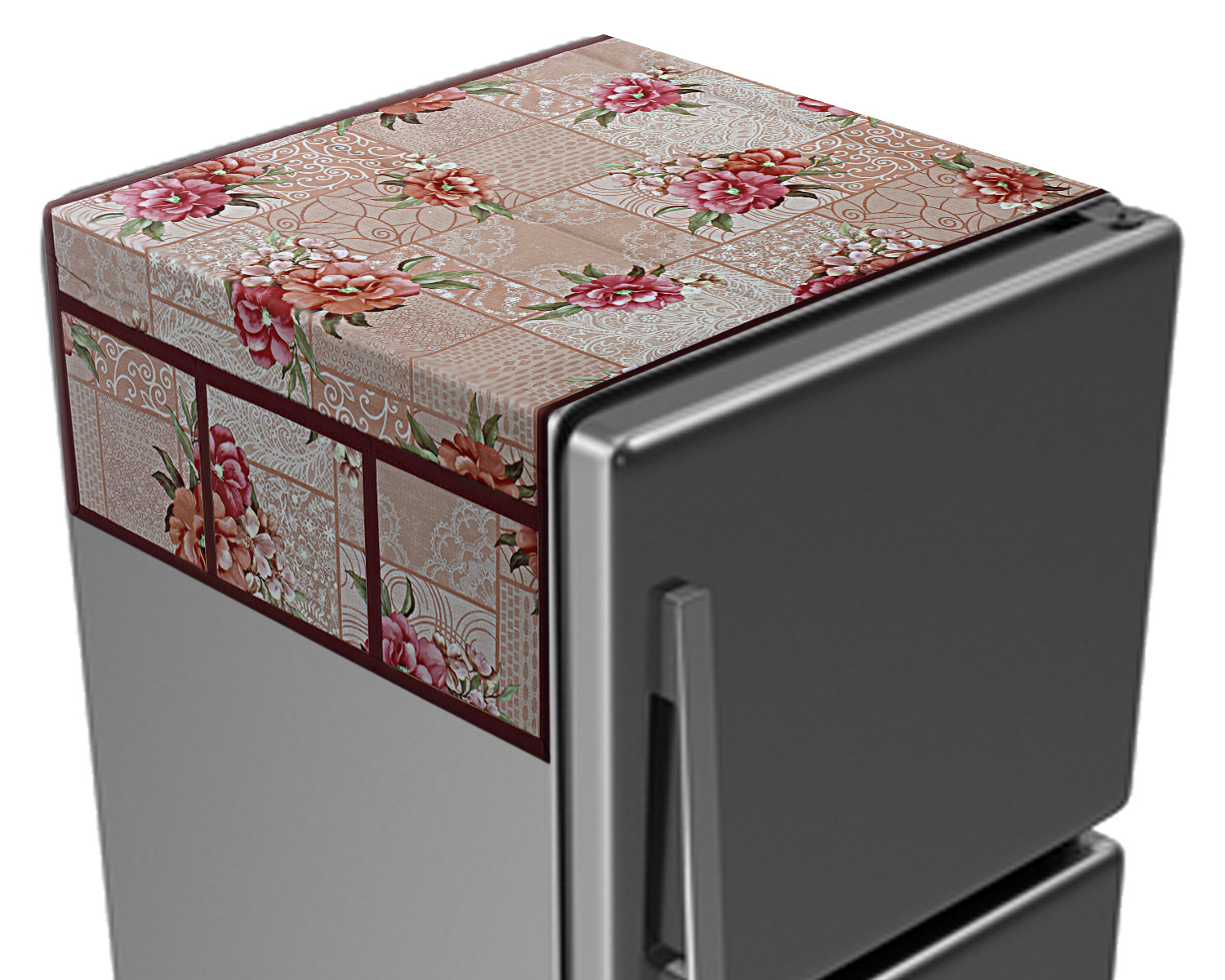 Kuber Industries Flower Printed PVC Fridge Top Cover, Protect For Scratches, Wear & Tear And Dust With 6 Utility Side Pockets (Peach)