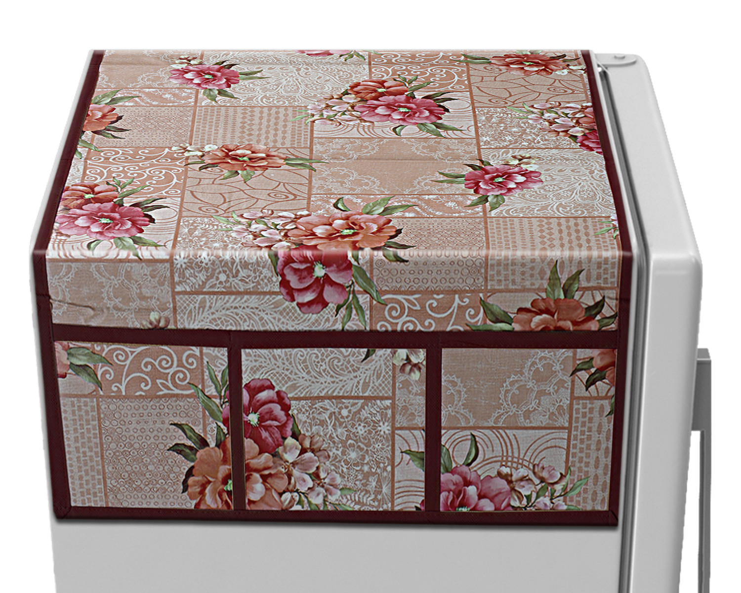Kuber Industries Flower Printed PVC Fridge Top Cover, Protect For Scratches, Wear & Tear And Dust With 6 Utility Side Pockets (Peach)