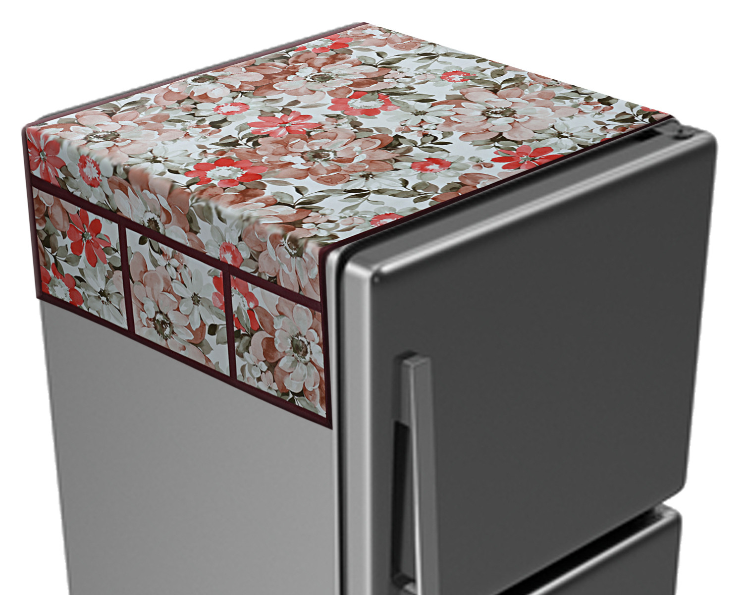 Kuber Industries Flower Printed PVC Fridge Top Cover, Protect For Scratches, Wear & Tear And Dust With 6 Utility Side Pockets (Pink)