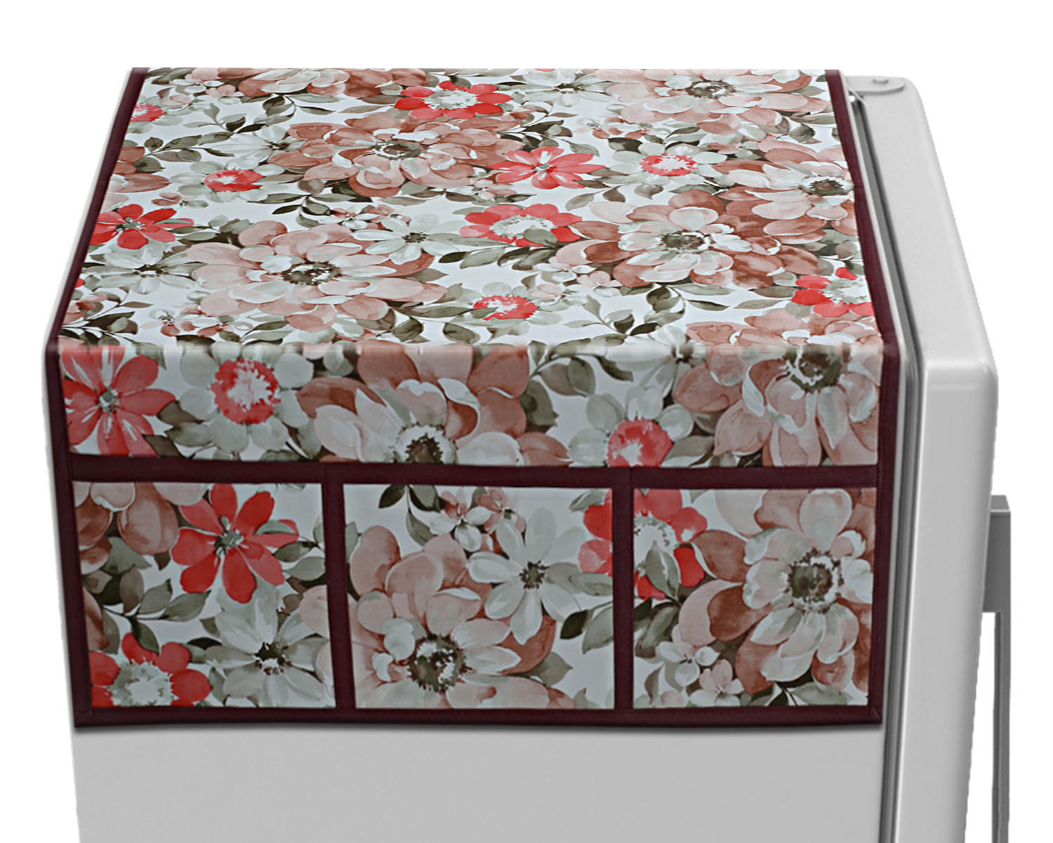 Kuber Industries Flower Printed PVC Fridge Top Cover, Protect For Scratches, Wear & Tear And Dust With 6 Utility Side Pockets (Pink)