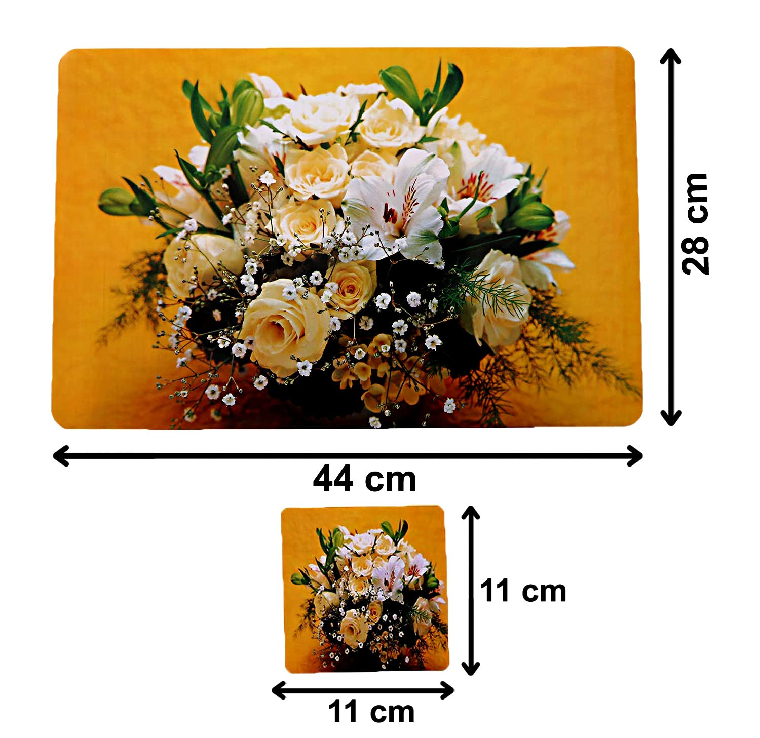 Kuber Industries Flower Printed PVC Stain Resistant Anti-Skid Waterproof 6 Pcs Placemats With 6 Pcs Tea Coasters Set for Dining Kitchen Restaurant Table Set of 12 Yellow