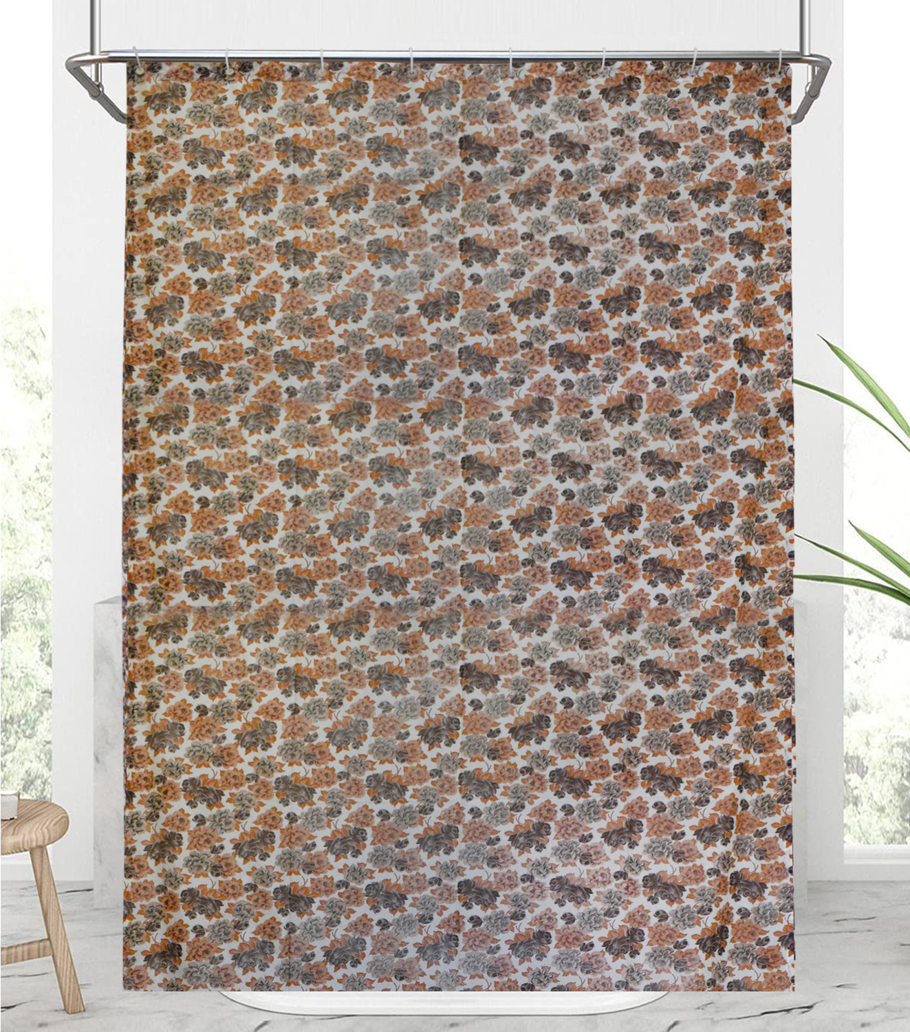Kuber Industries Flower Printed Stain Resistant, No Odor, Waterproof PVC AC/Shower Curtain With Hooks,7 Feet (Brown)