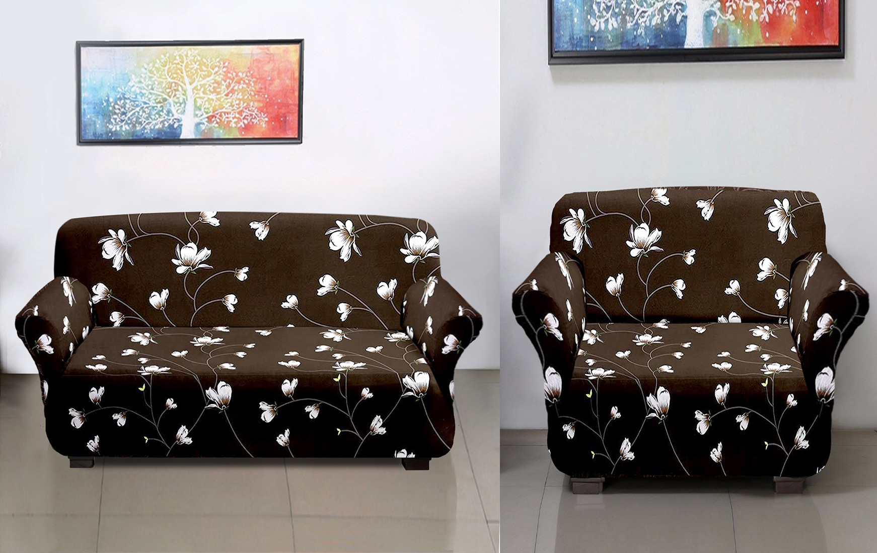 Kuber Industries Flower Printed Stretchable, Non-Slip Polyster 1 & 3 Seater Sofa Cover/Slipcover/Protector Set With Foam Stick, Set of 2 (Brown)