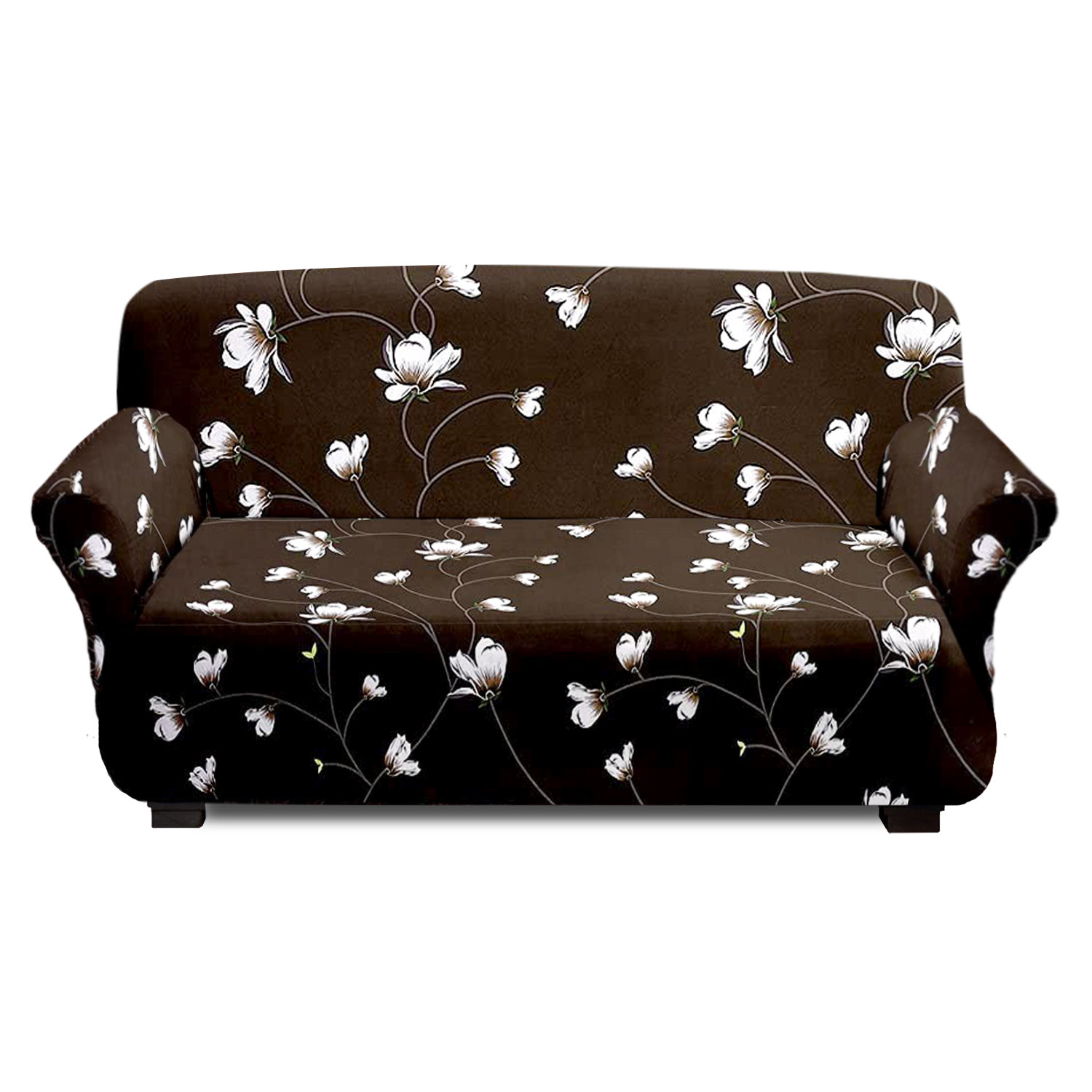 Kuber Industries Flower Printed Stretchable, Non-Slip Polyster 1 & 3 Seater Sofa Cover/Slipcover/Protector Set With Foam Stick, Set of 2 (Brown)