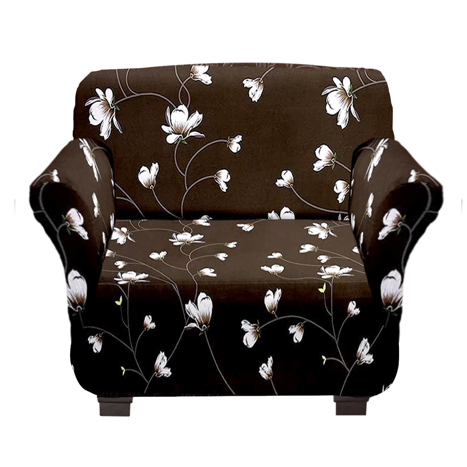 Kuber Industries Flower Printed Stretchable, Non-Slip Polyster 1 & 3 Seater Sofa Cover/Slipcover/Protector Set With Foam Stick, Set of 2 (Brown)