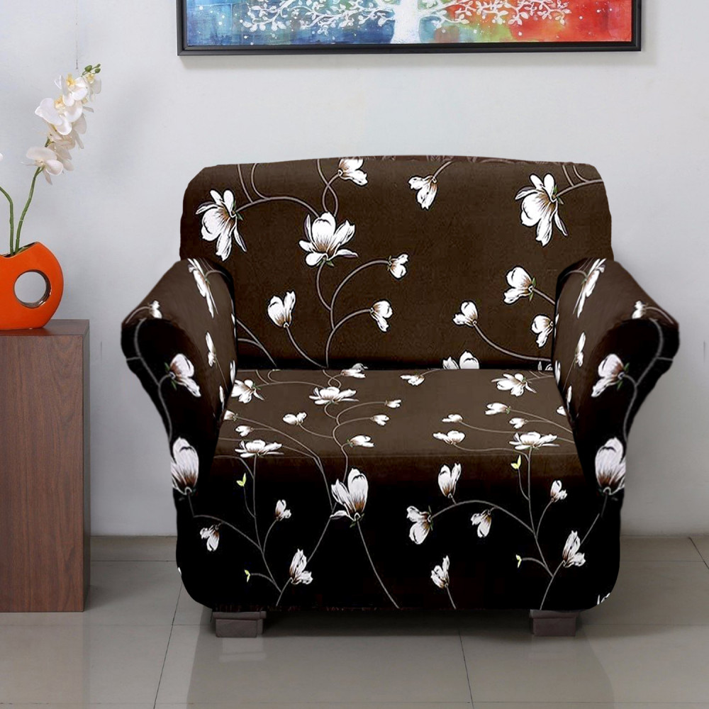 Kuber Industries Flower Printed Stretchable, Non-Slip Polyster Single Seater Sofa Cover/Slipcover/Protector With Foam Stick (Brown)