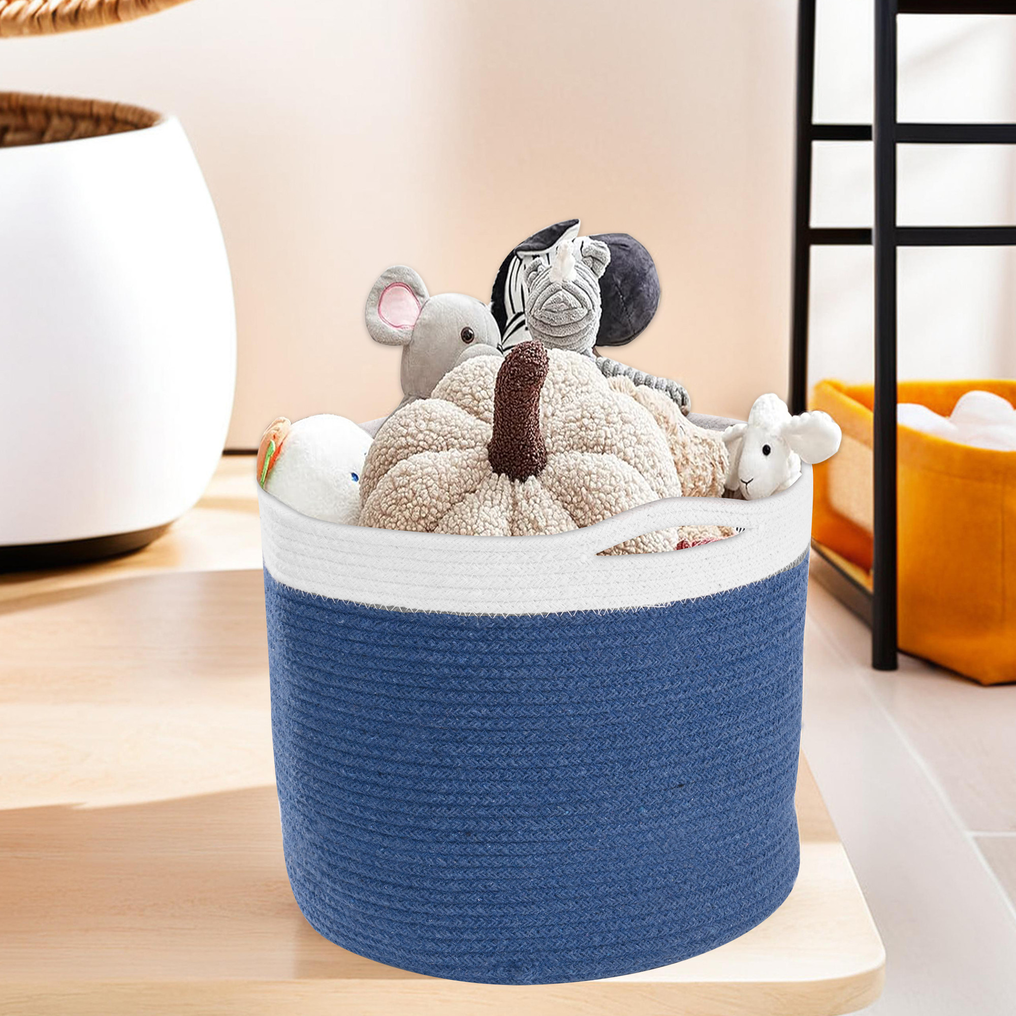 Kuber Industries Foldable 18 Inch Laundry Basket for Clothes Bedroom  Living Room  Durable Toy Storage Basket for kids  children  Cloth Bins for Washing Machine  Rope Blue