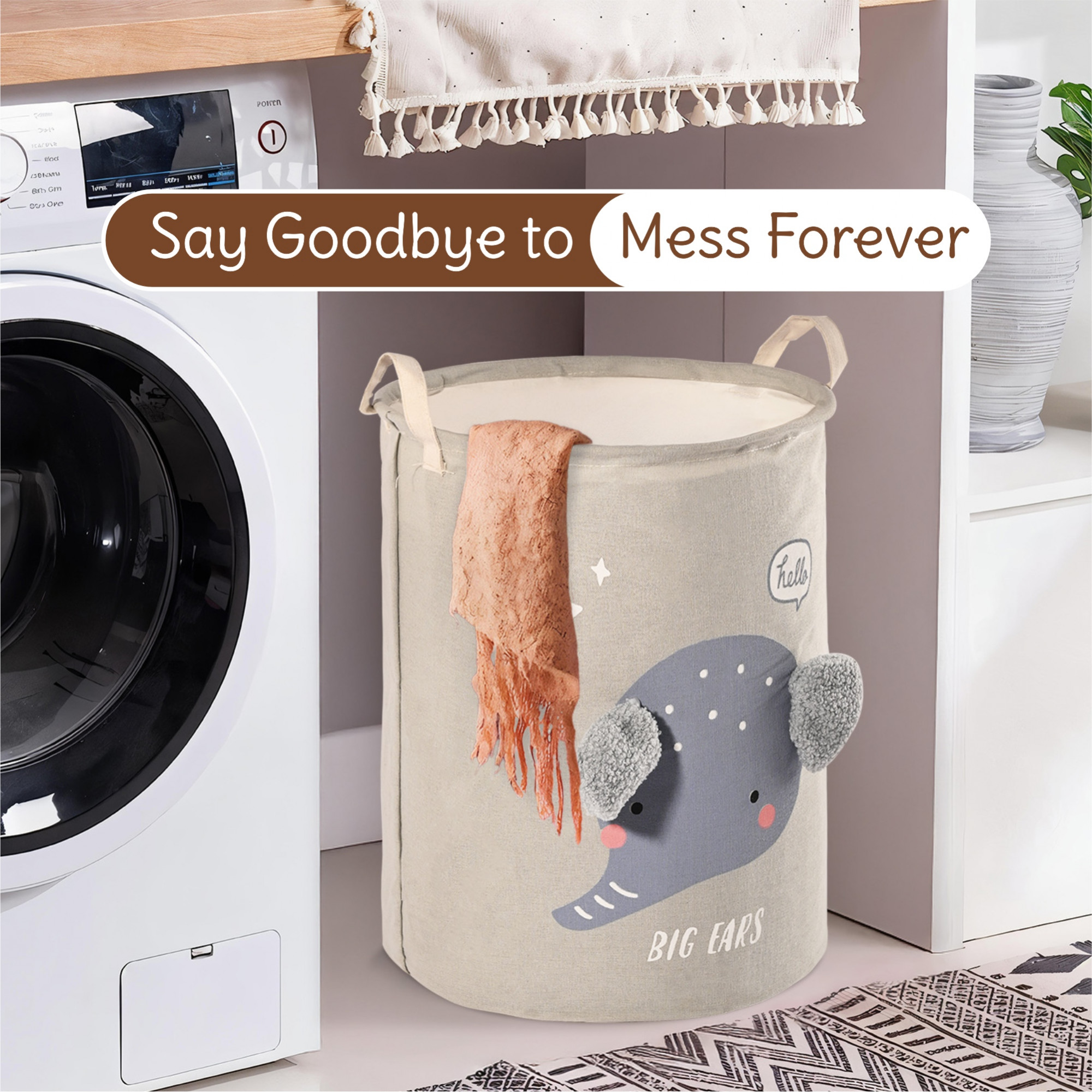 Kuber Industries Foldable 38 Ltr Washing Clothes BasketLaundry Bag with Handles  Used Clothes Storage Bag  Laundry Hamper for Dirty Clothes  Toys  GM-17-LGRY  Big Ears Design - White