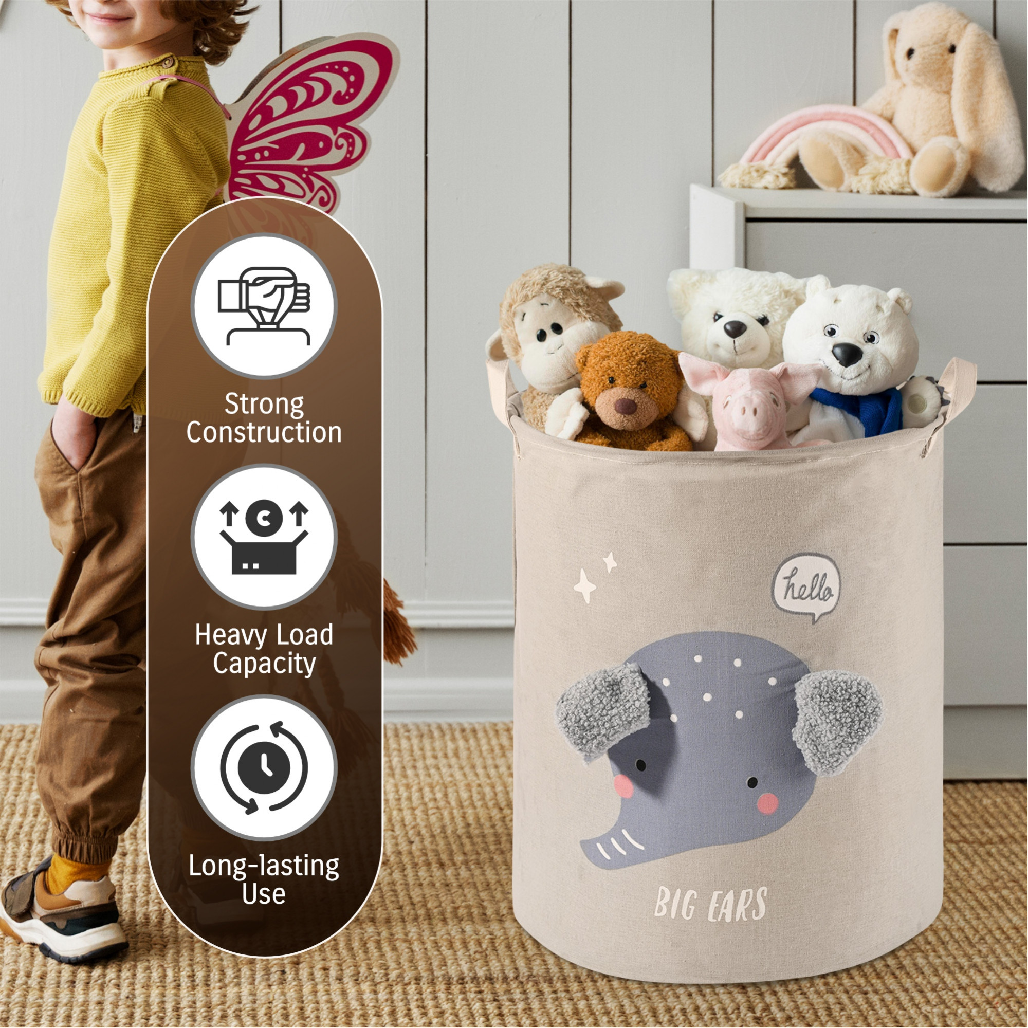 Kuber Industries Foldable 38 Ltr Washing Clothes BasketLaundry Bag with Handles  Used Clothes Storage Bag  Laundry Hamper for Dirty Clothes  Toys  GM-17-LGRY  Big Ears Design - White