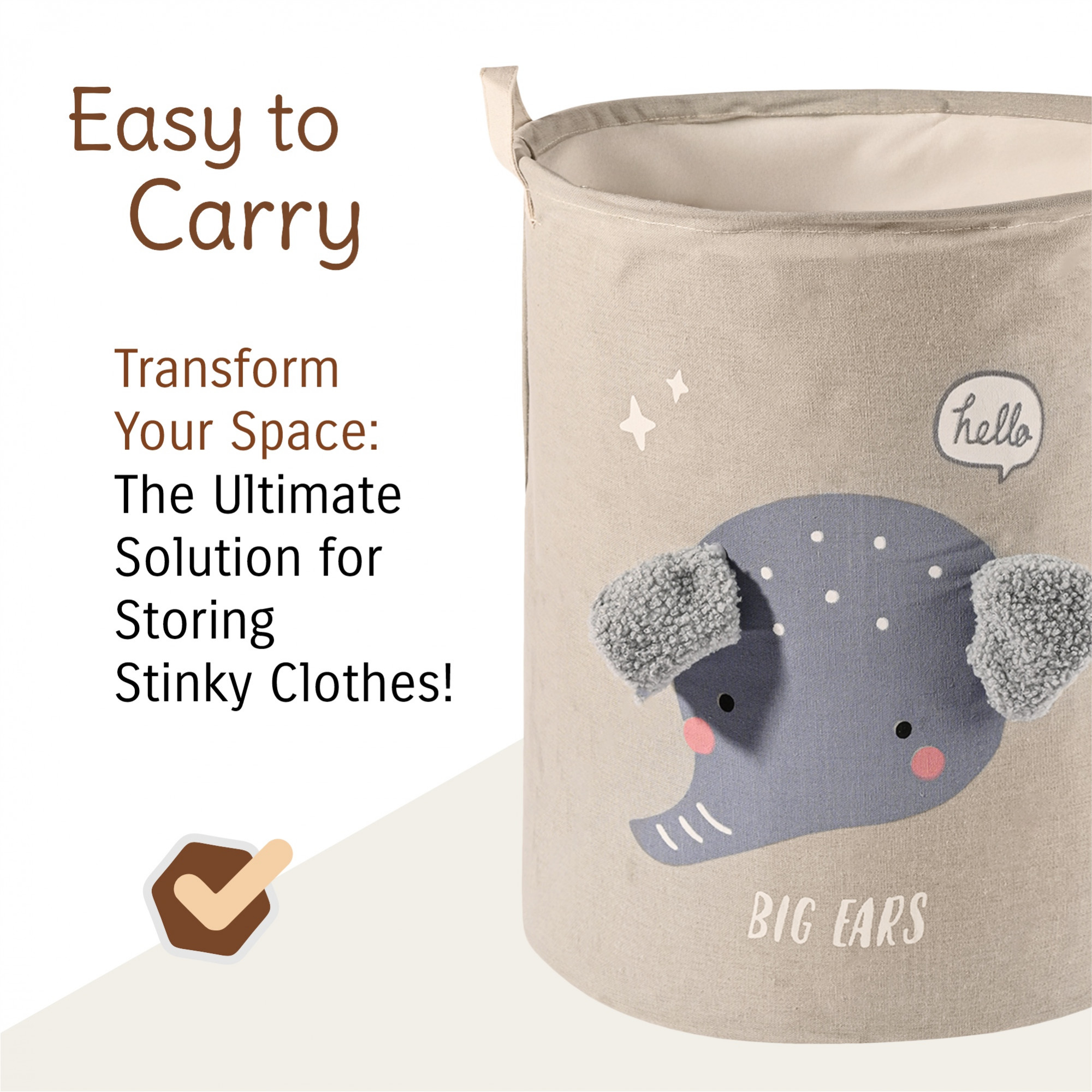 Kuber Industries Foldable 38 Ltr Washing Clothes BasketLaundry Bag with Handles  Used Clothes Storage Bag  Laundry Hamper for Dirty Clothes  Toys  GM-17-LGRY  Big Ears Design - White