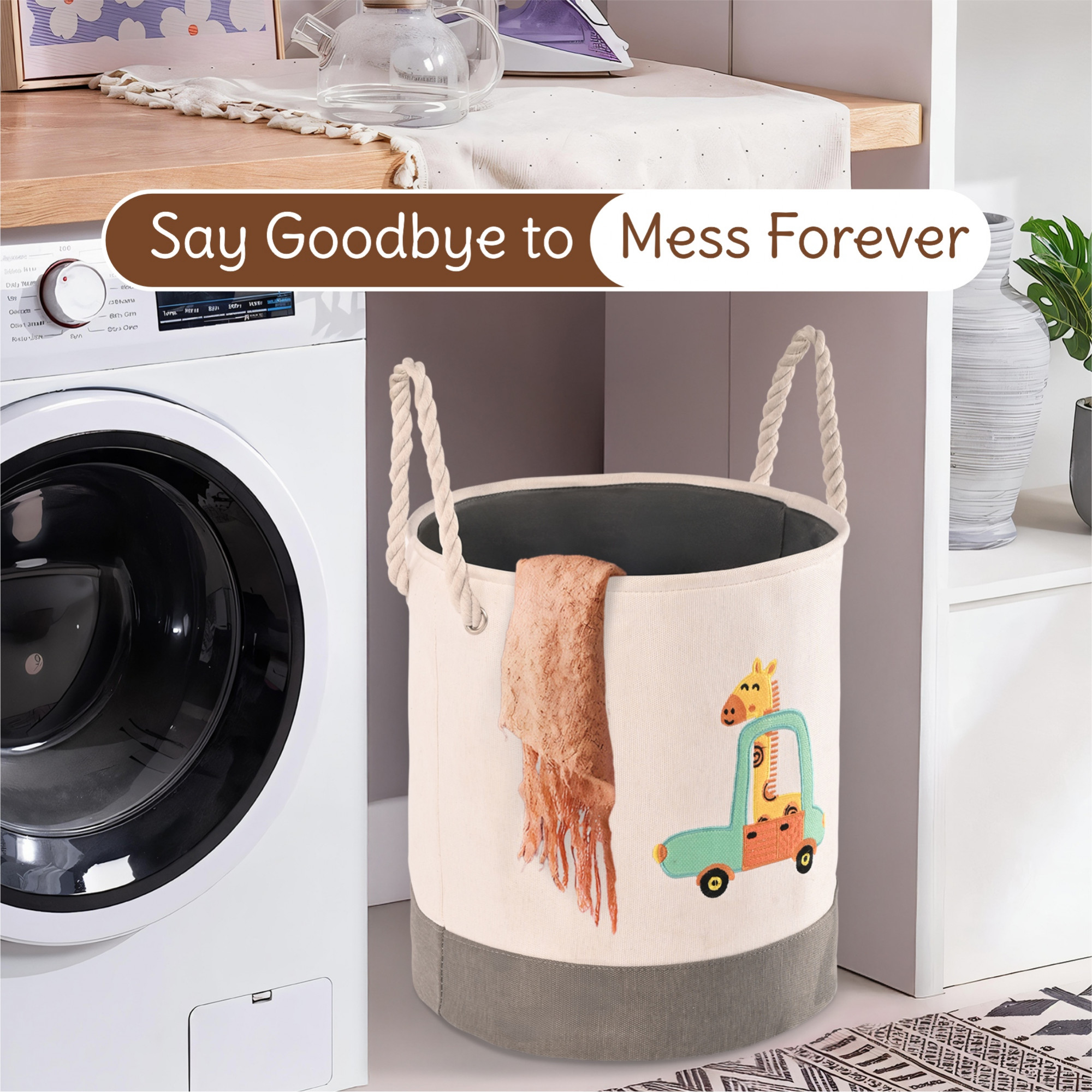 Kuber Industries Foldable 43 Ltr Washing Clothes BasketLaundry bag with Handles  Used Clothes Storage Bag  Laundry Hamper for Dirty Clothes  Toys  GM-8-BG  Giraffe- Grey  White