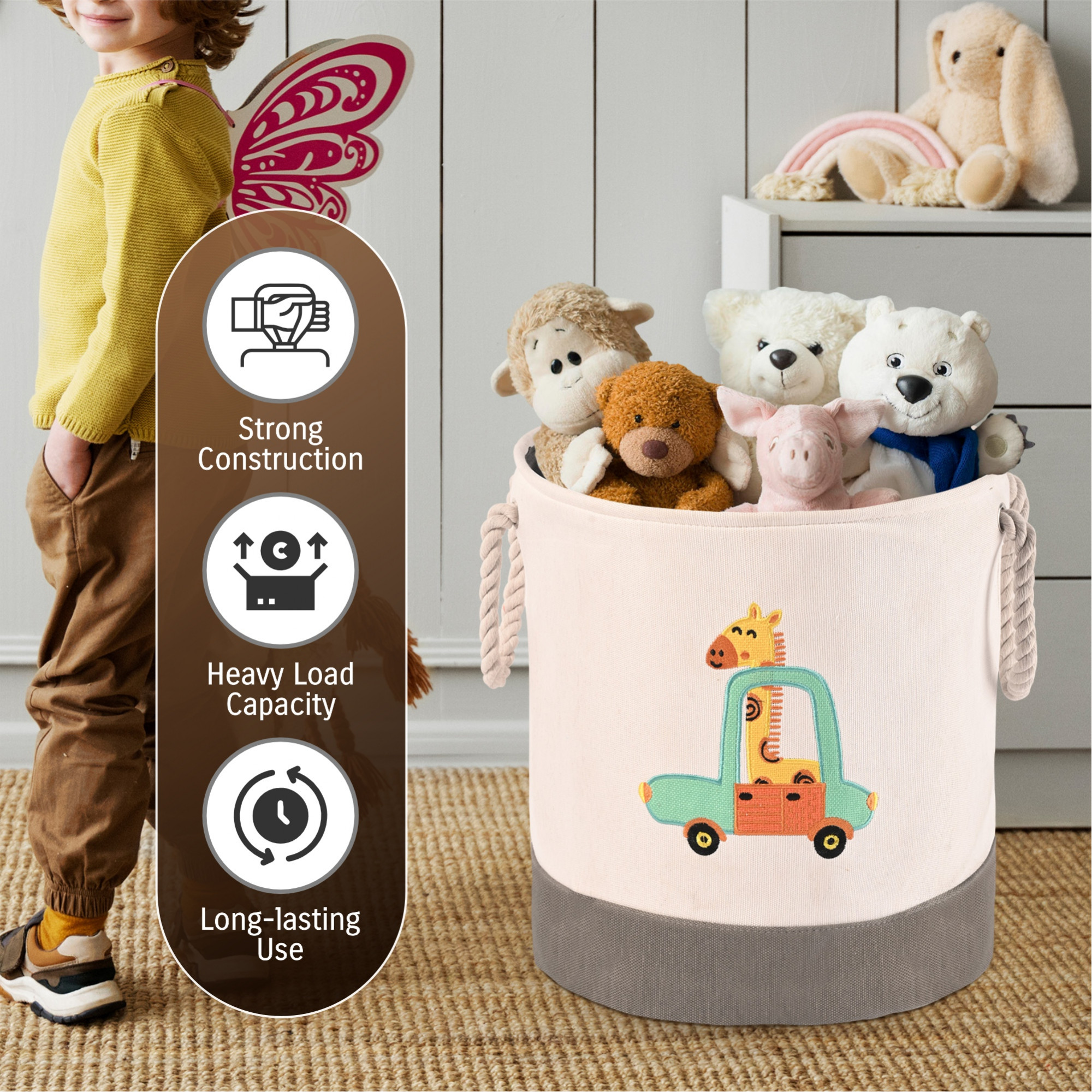 Kuber Industries Foldable 43 Ltr Washing Clothes BasketLaundry bag with Handles  Used Clothes Storage Bag  Laundry Hamper for Dirty Clothes  Toys  GM-8-BG  Giraffe- Grey  White