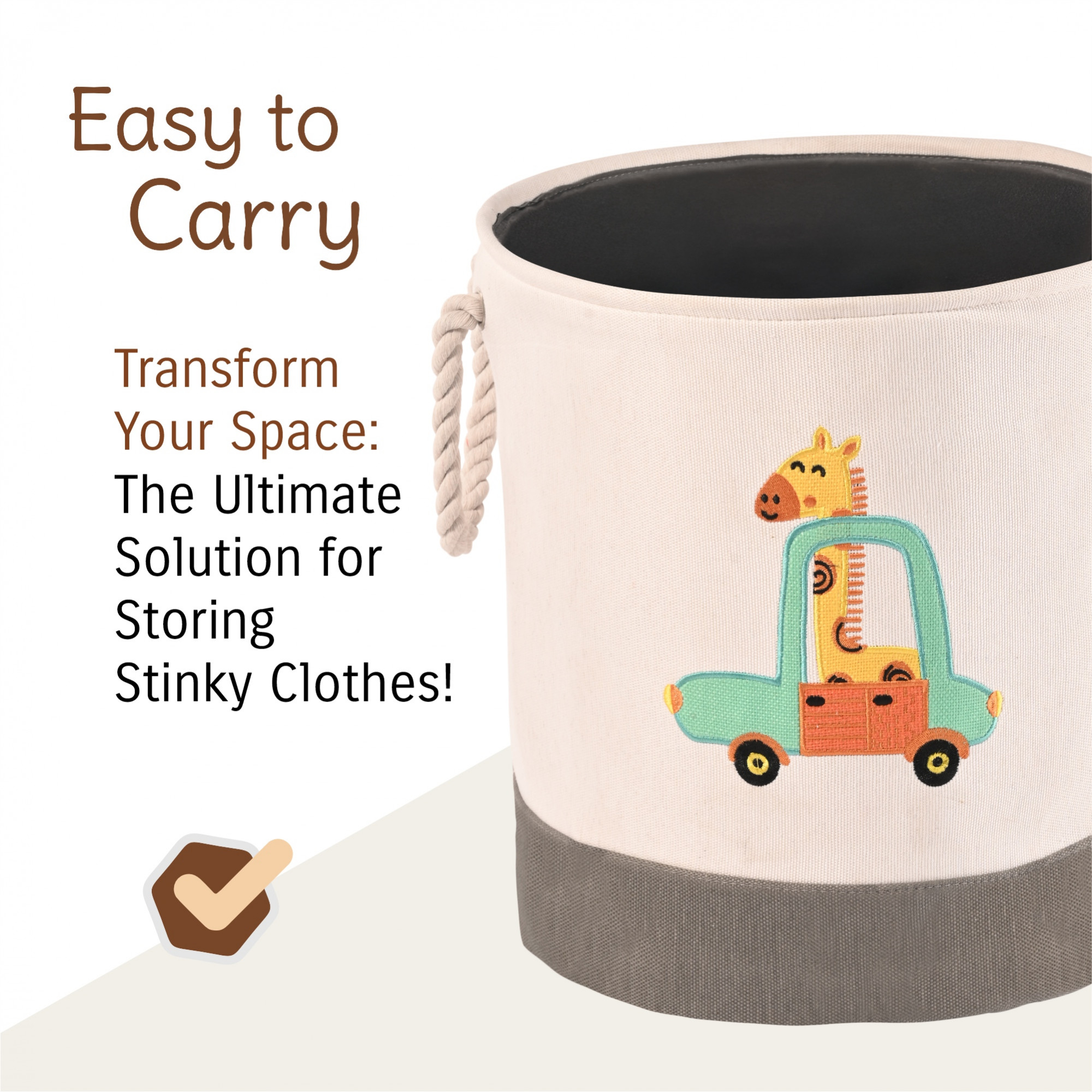 Kuber Industries Foldable 43 Ltr Washing Clothes BasketLaundry bag with Handles  Used Clothes Storage Bag  Laundry Hamper for Dirty Clothes  Toys  GM-8-BG  Giraffe- Grey  White