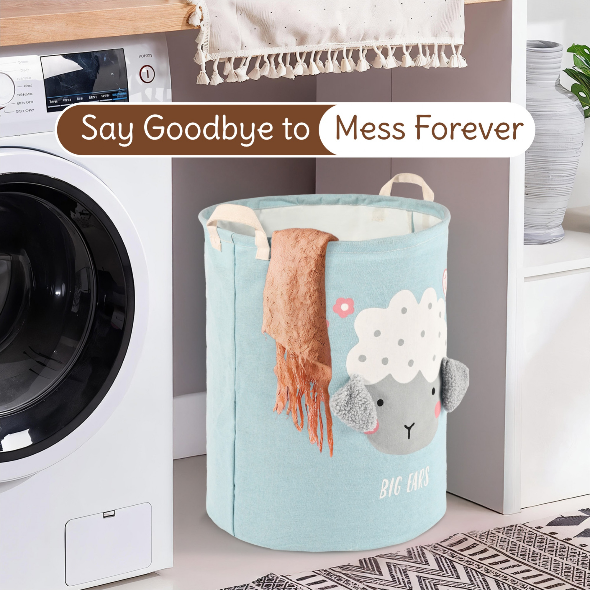 Kuber Industries Foldable 43 Ltr Washing Clothes BasketLaundry Bag with Handles  Used Clothes Storage Bag  Laundry Hamper for Dirty Clothes  Toys  GM-17-BLU  Big Ears Design - Blue