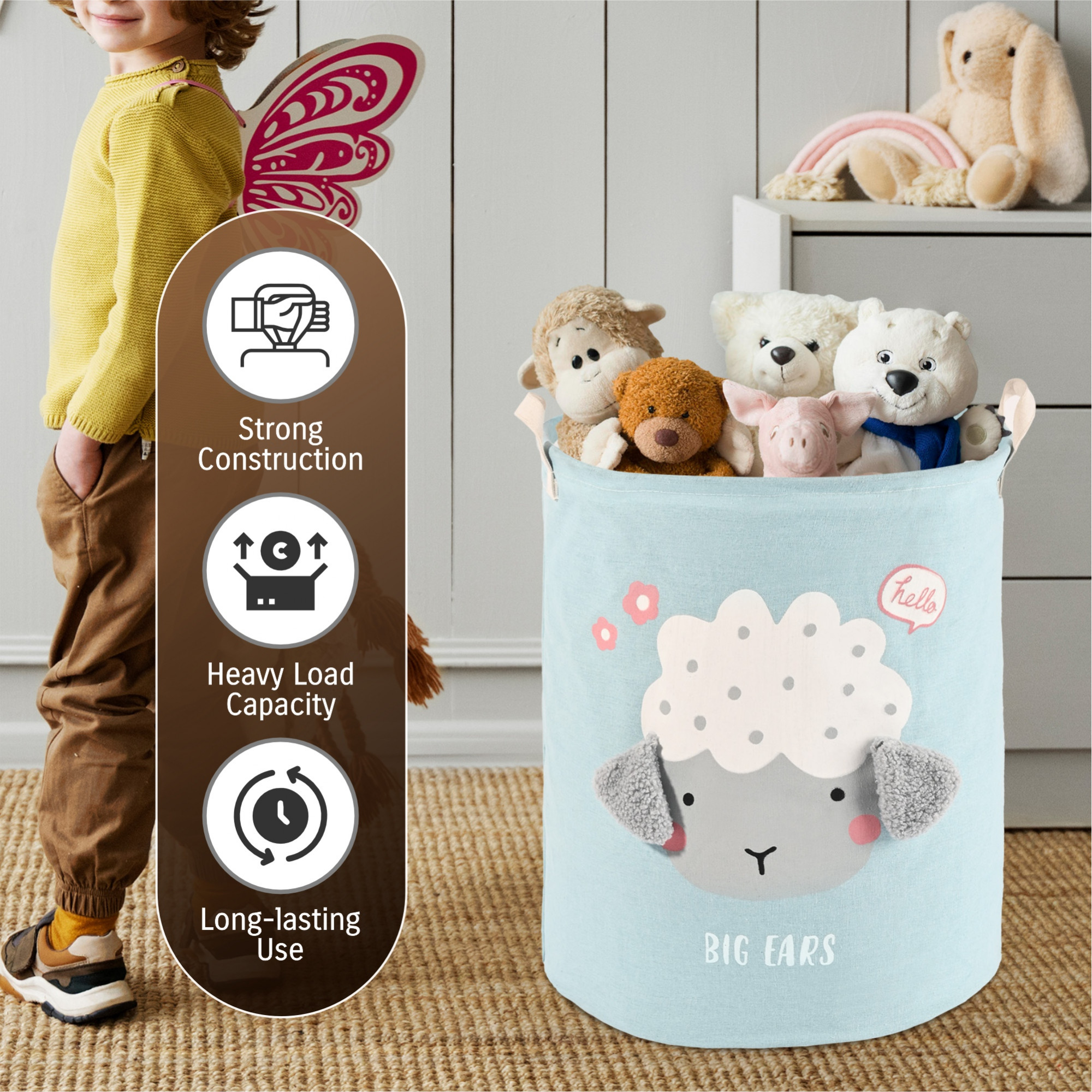 Kuber Industries Foldable 43 Ltr Washing Clothes BasketLaundry Bag with Handles  Used Clothes Storage Bag  Laundry Hamper for Dirty Clothes  Toys  GM-17-BLU  Big Ears Design - Blue