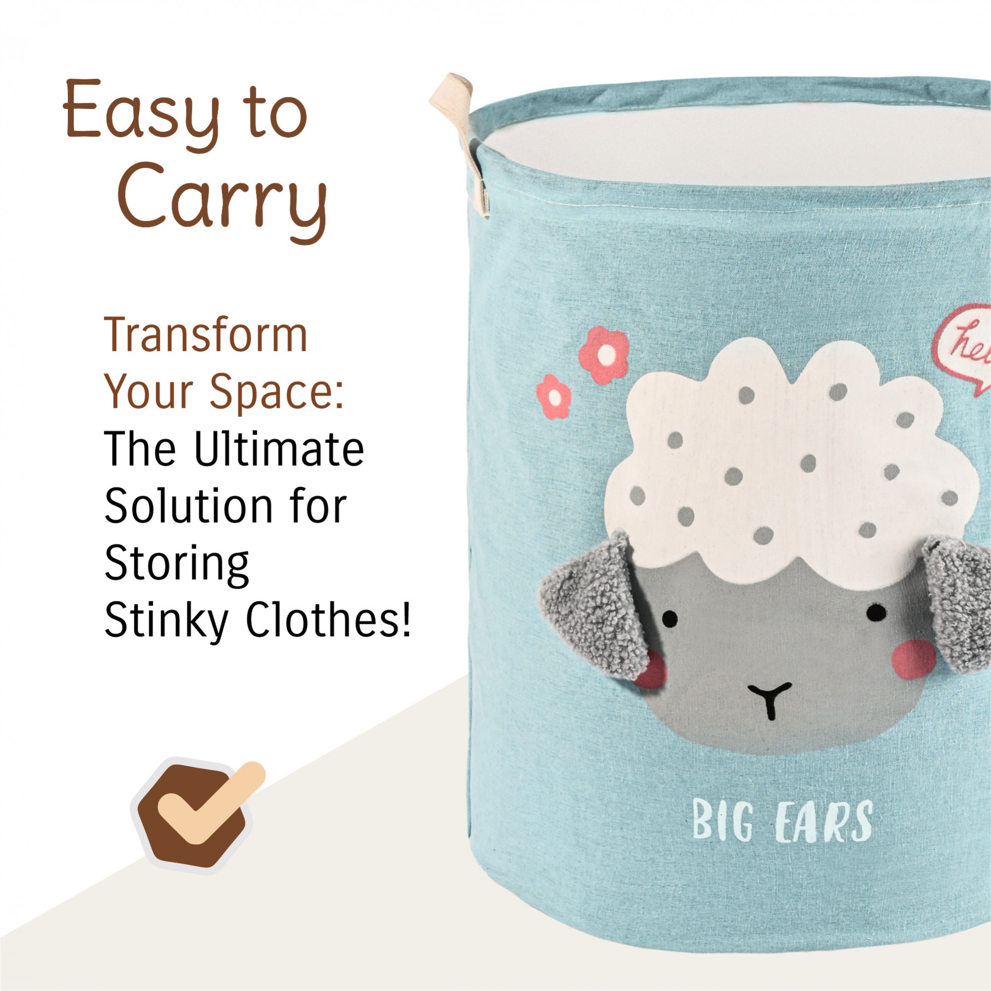 Kuber Industries Foldable 43 Ltr Washing Clothes BasketLaundry Bag with Handles  Used Clothes Storage Bag  Laundry Hamper for Dirty Clothes  Toys  GM-17-BLU  Big Ears Design - Blue